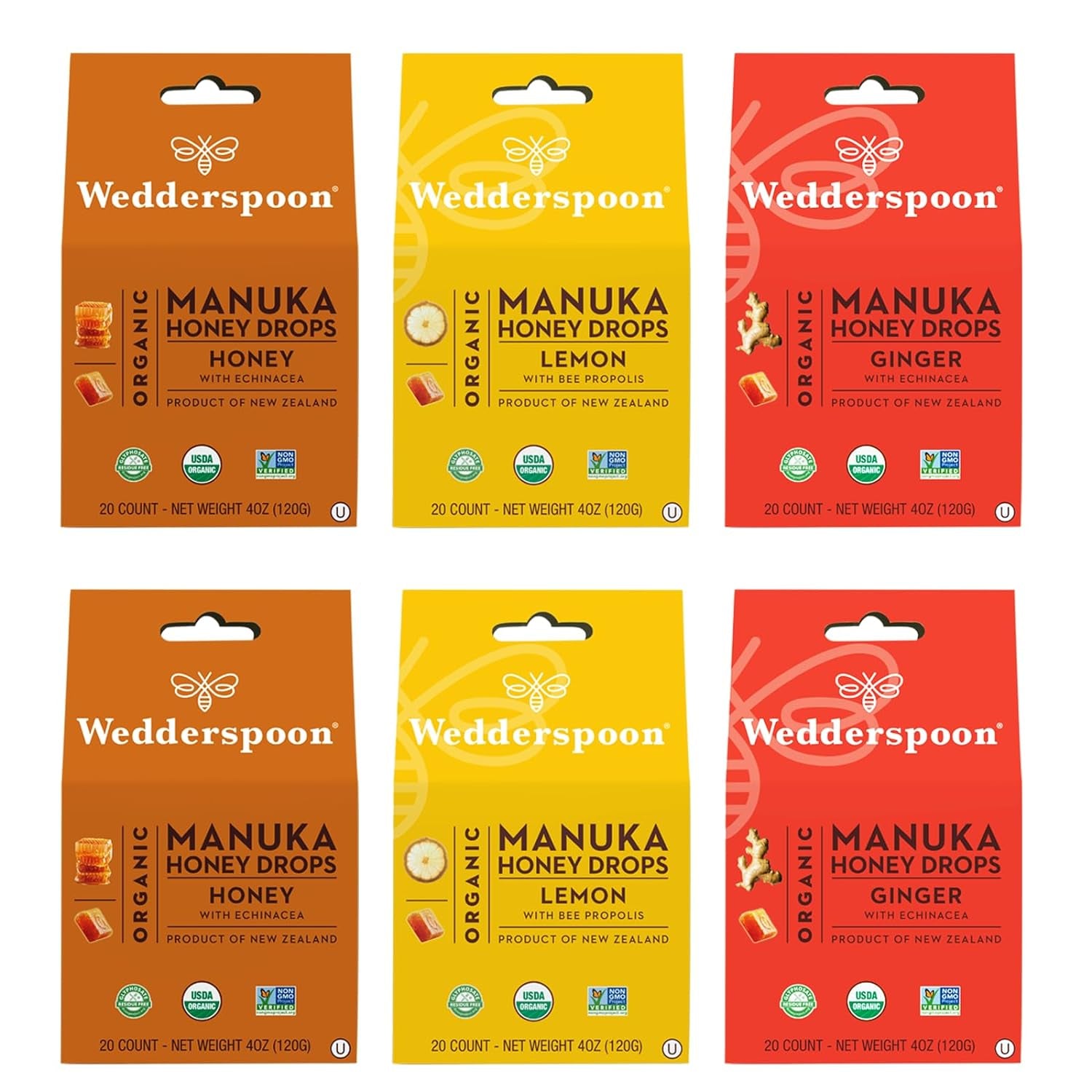 Wedderspoon Organic Manuka Honey Drops, Variety Pack, 4 Oz (Pack of 6) - Genuine New Zealand Honey - Perfect Remedy for Dry Throats