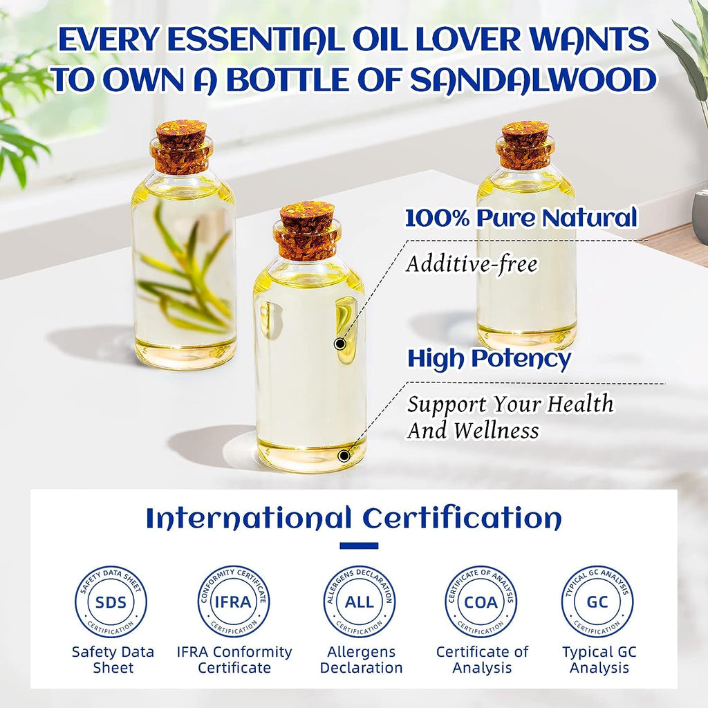 HIQILI Sandalwood Essential Oils,Premium Sandalwood Oil for Diffuser, Skin, Hair, Candle Soap Making, Perfume DIY, Men, Women-100Ml