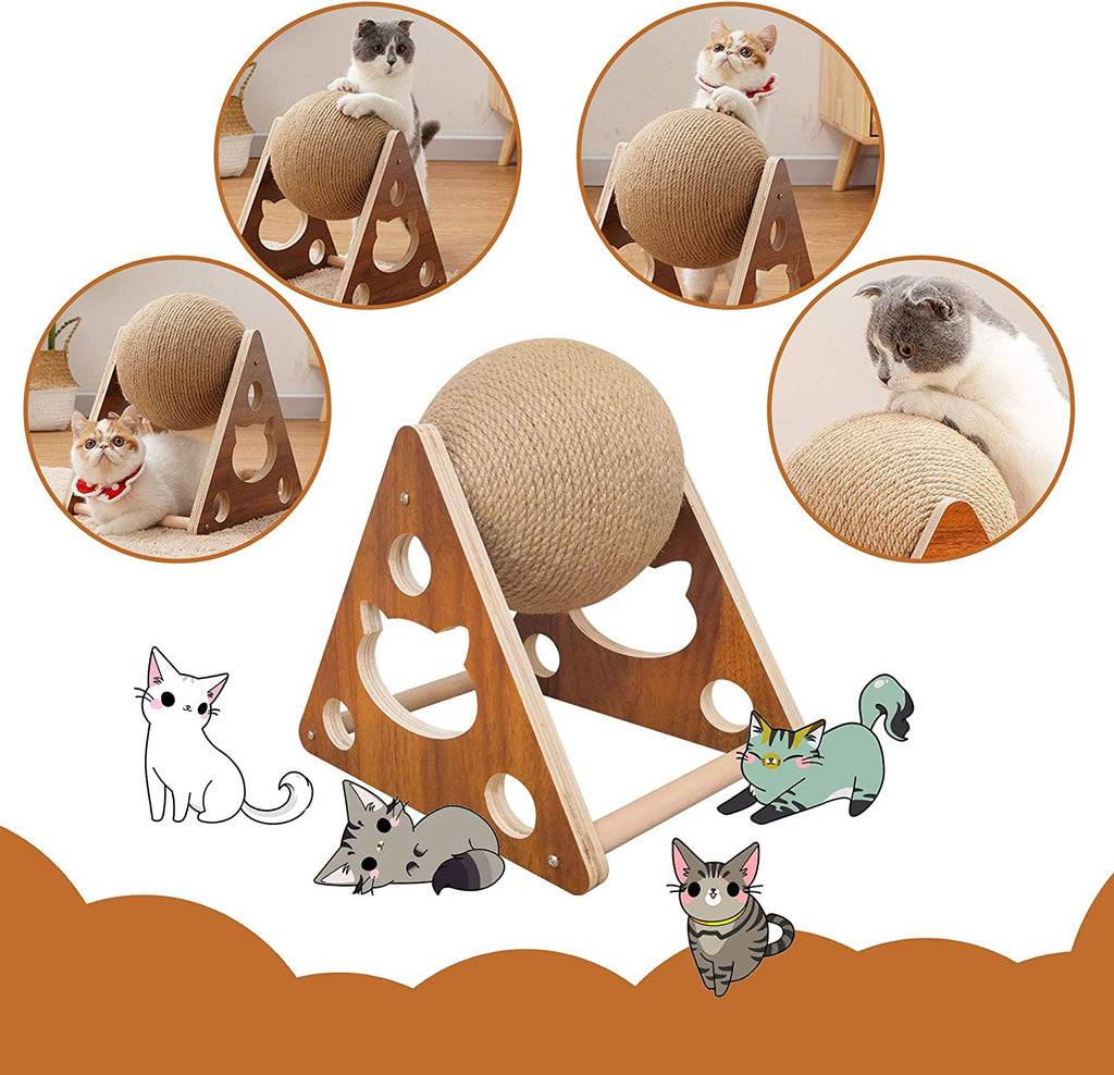AGYM Cat Toys Sisal Scratcher Ball, Natural Sisal Cat Scratching Ball, Cat Scratcher Toy with Ball, Scratching Ball for Cats and Kittens, Interactive Solid Wood Scratcher Pet Toy, Diameter 6.5 Inch
