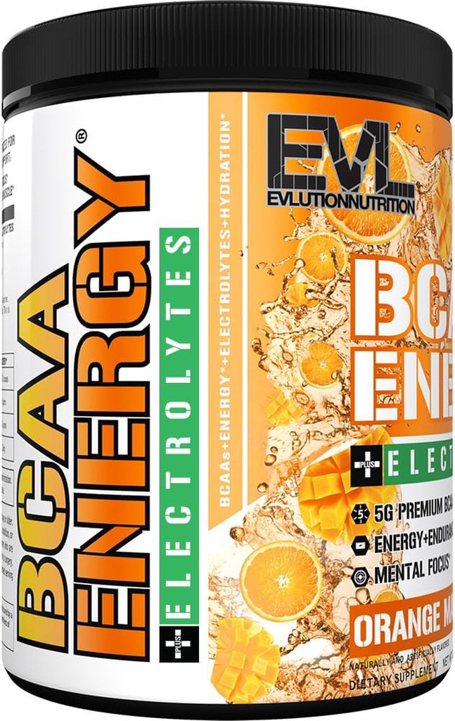 "Maximize Muscle Recovery and Endurance with EVL Bcaas Amino Acids Powder - Energize Your Workouts and Enhance Lean Growth - Refreshing Orange Mango Flavor"