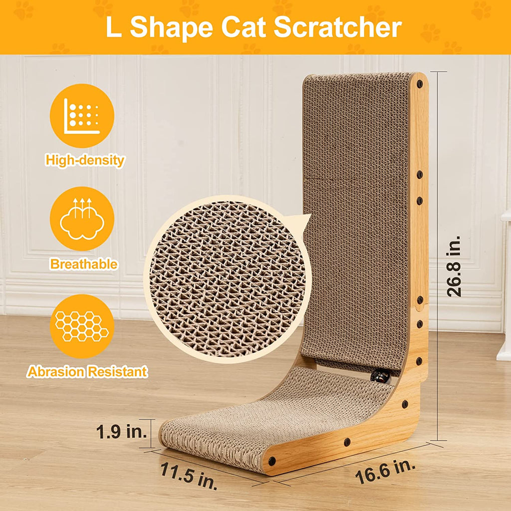 L Shape Cat Scratcher, Poils Bebe Cat Scratchers for Indoor Cats, Protecting Furniture Cat Scratch Pad, Cardboard Cat Scratching with Ball Toy, Catnip, 26.8 Inches, Large