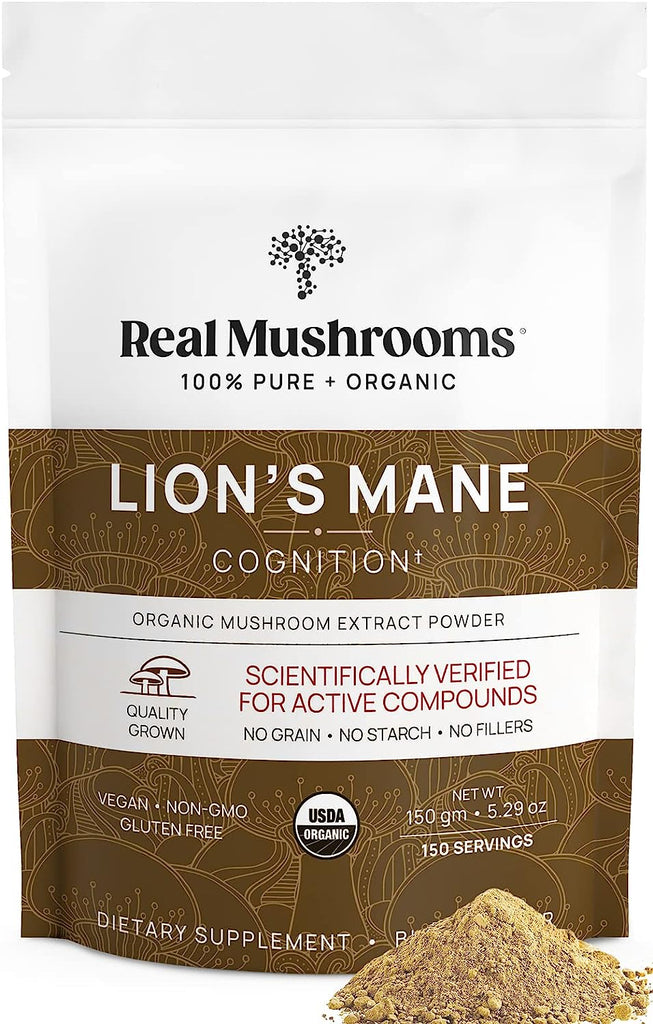 Real Mushrooms Lion’S Mane Powder - Organic Vegan Mushroom Extract for Cognitive Function & Immune Support - Brain Supplements for Memory and Focus, 60 Servings