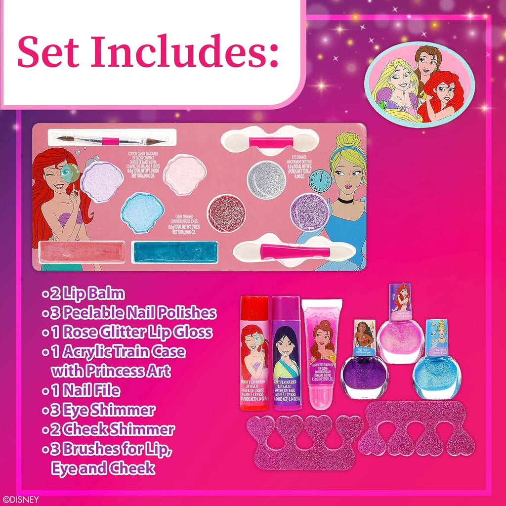 "Enchanting Disney Princess Train Case Beauty Set for Girls - Real Washable Makeup Kit, Perfect for Pretend Play, Parties, and Birthdays - Ideal Toy for Ages 3-12"