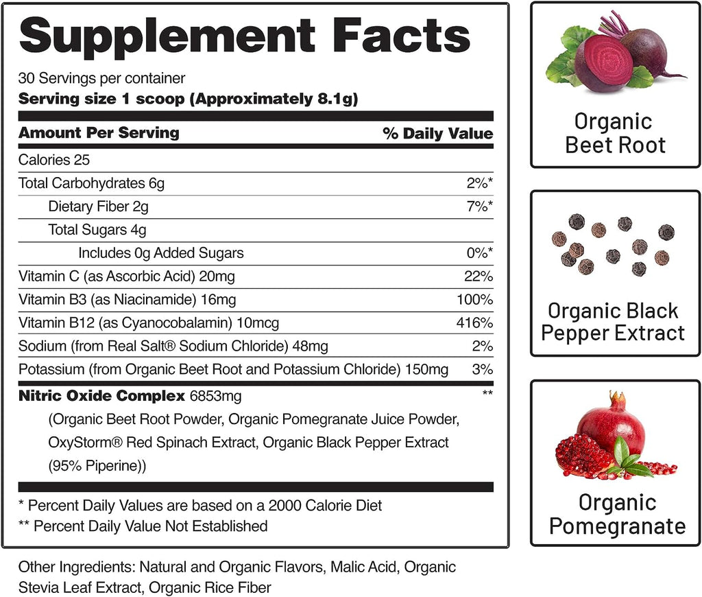 Snap Supplements Organic Beet Root Powder Nitric Oxide Supplement, Support Healthy Blood Flow, Heart Health, Natural Energy, Circulation Superfood, 30 Servings, 250G (Mixed Berry)