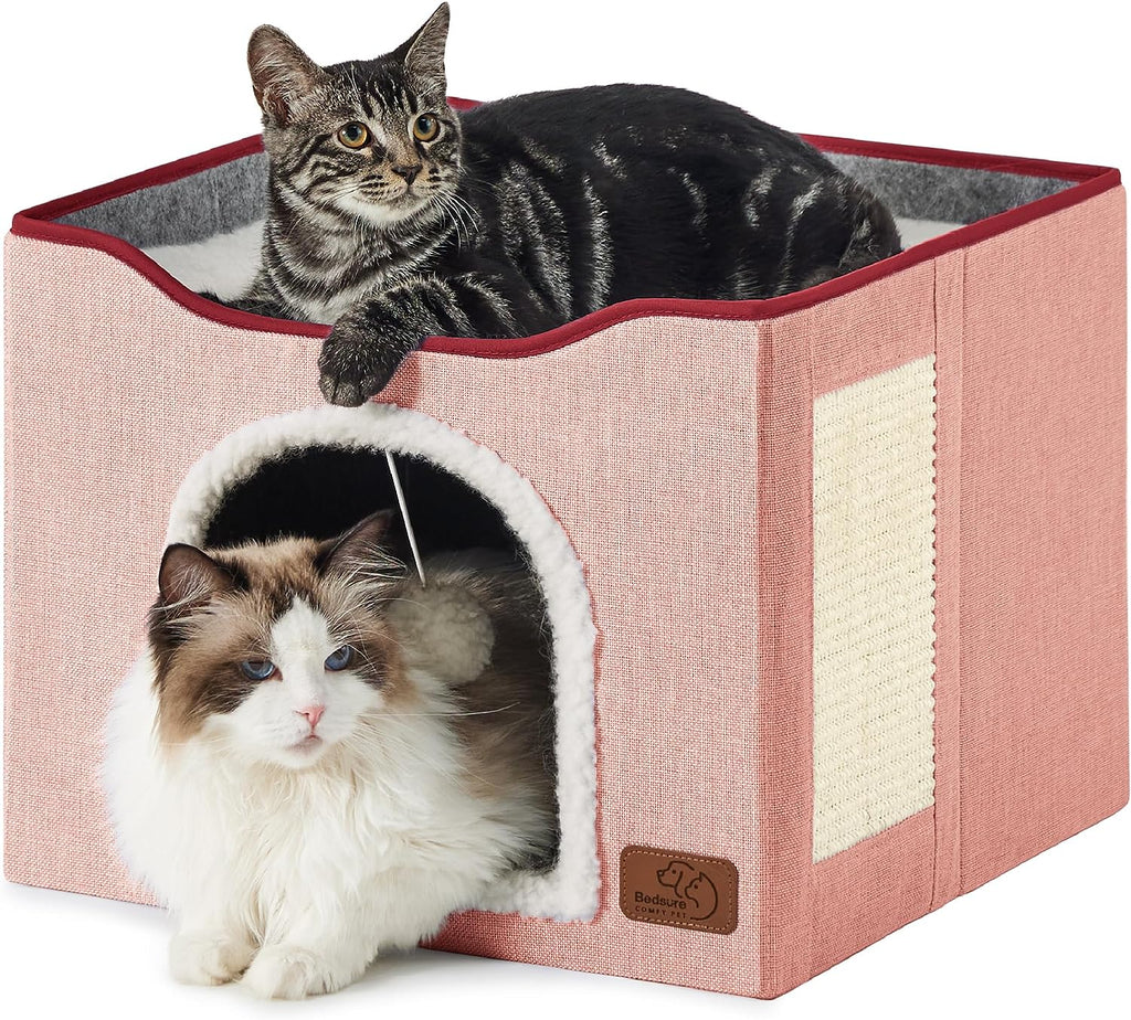 Bedsure Cat Beds for Indoor Cats - Large Cat Cave for Pet Cat House with Fluffy Ball Hanging and Scratch Pad, Foldable Cat Hideaway,16.5X16.5X13 Inches, Grey