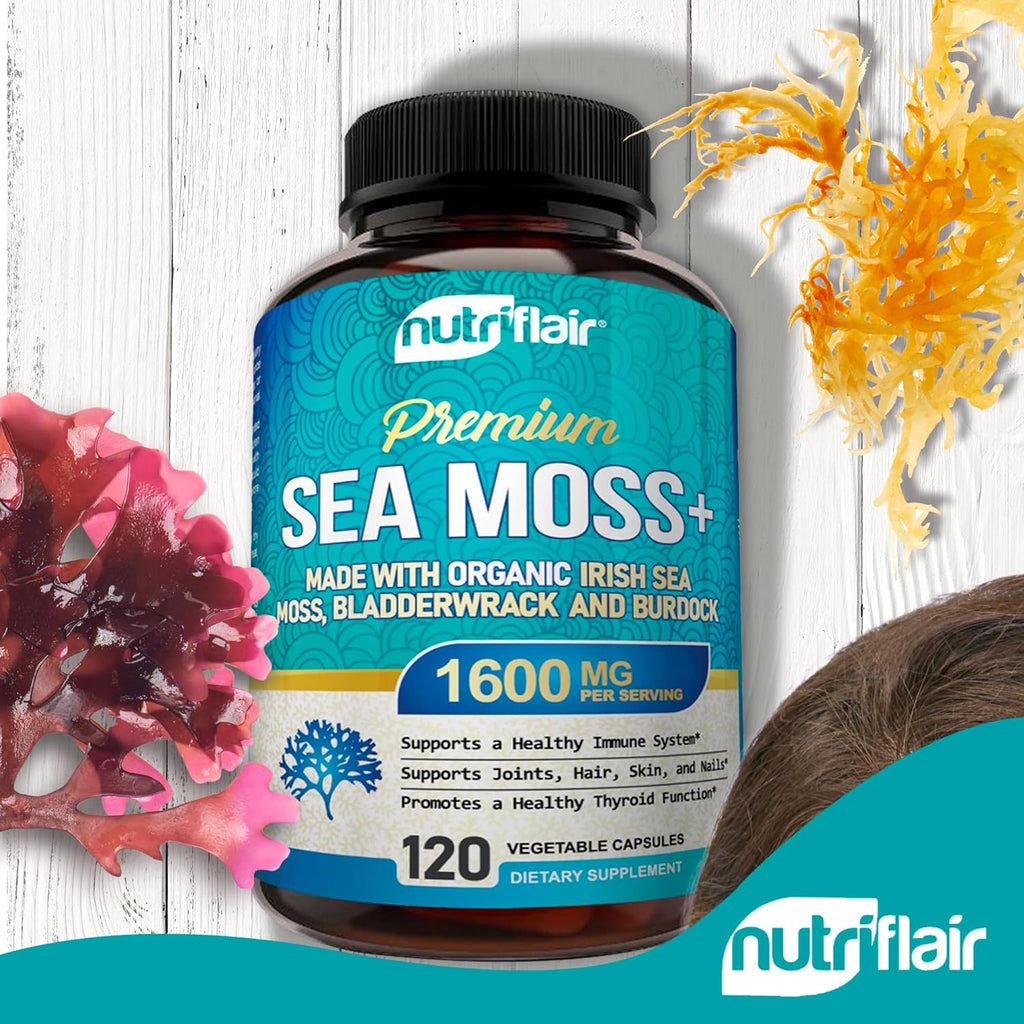 Nutriflair Organic Irish Sea Moss 1600Mg, 120 Capsules plus Bladderwrack & Burdock - Prebiotic Super Food - Immune System & Digestive Health - Thyroid, Healthy Skin, Keto Detox, Gut, Joint Support