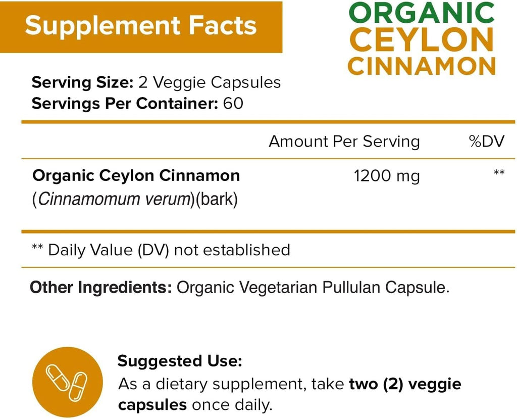 Nutriflair Organic Ceylon Cinnamon (100% Certified Organic Ceylon Cinnamon) 1200Mg per Serving, 120 Capsules - Joints, Inflammatory, Antioxidant, Glucose Metabolism Support- 120 Count (Pack of 1)