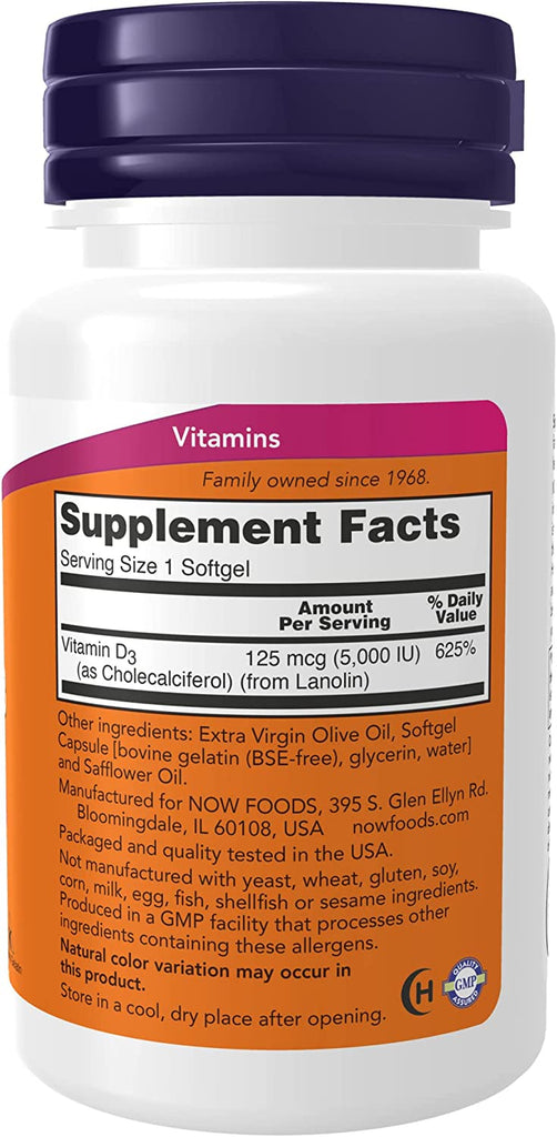 NOW Supplements, Vitamin D-3 5,000 IU, High Potency, Structural Support*, 120 Softgels