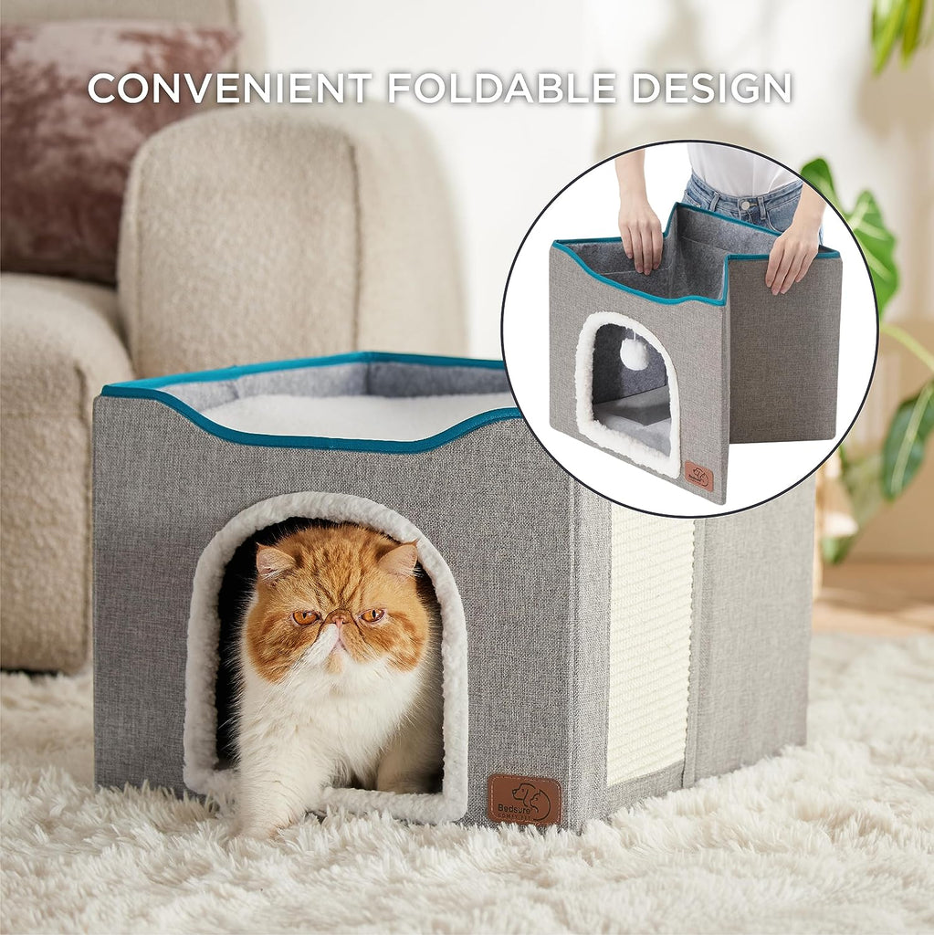 Bedsure Cat Beds for Indoor Cats - Large Cat Cave for Pet Cat House with Fluffy Ball Hanging and Scratch Pad, Foldable Cat Hideaway,16.5X16.5X13 Inches, Grey