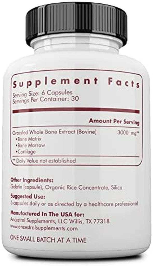 Ancestral Supplements Grass Fed Beef Bone and Marrow Supplement, 3000Mg, Skin, Oral Health, and Joint Support Supplement Promotes Whole-Body Wellness, Non-Gmo Whole Bone Extract, 180 Capsules