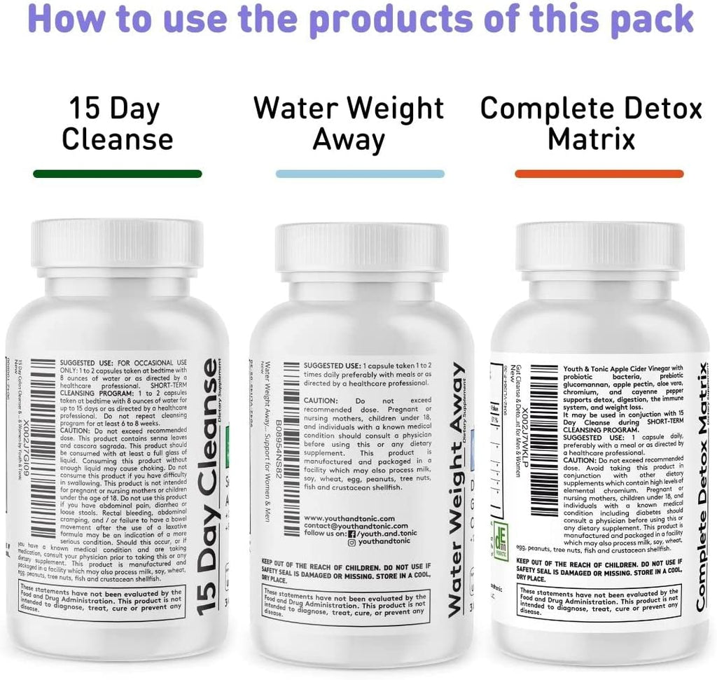 3Pk Detox Cleanse Kick off Weight Management | Colon Cleanser + Water Loss Pills W Dandelion + ACV Full Body Detox + Probiotics | for Flat Stomach, Waistline, Metabolism, Bloating, Cravings – 90 Pills