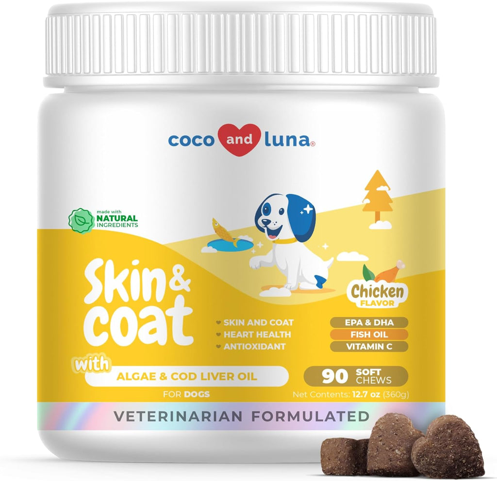 Omega 3 Fish Oil for Dogs - 90 Soft Chews - with Cod Liver Oil, Fish Oil, Algae Oil, EPA & DHA Fatty Acids for Dog Shedding, Itchy, Dry Skin & Heart Support (Soft Chew)