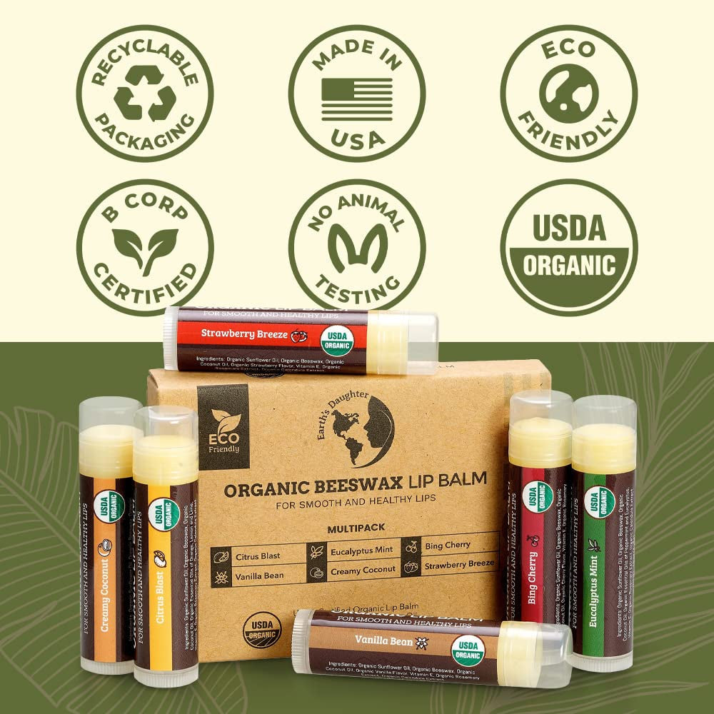 USDA Organic Lip Balm 6-Pack by Earth'S Daughter Stocking Stuffers - Fruit Flavors, Beeswax, Coconut Oil, Vitamin E - Best Lip Repair Chapstick for Dry Cracked Lips - Moisturizing Lip Care