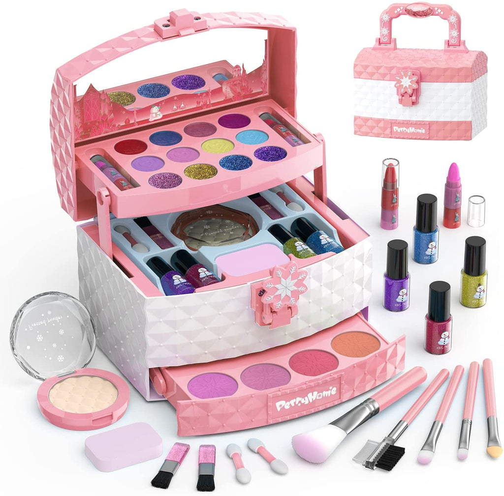 "Frozen Princess Makeup Set for Little Girls - 35 Pcs Washable and Safe Cosmetic Kit, Perfect Christmas & Birthday Gift for 3-12 Year Olds - Non-Toxic and Realistic Pink Makeup Set"