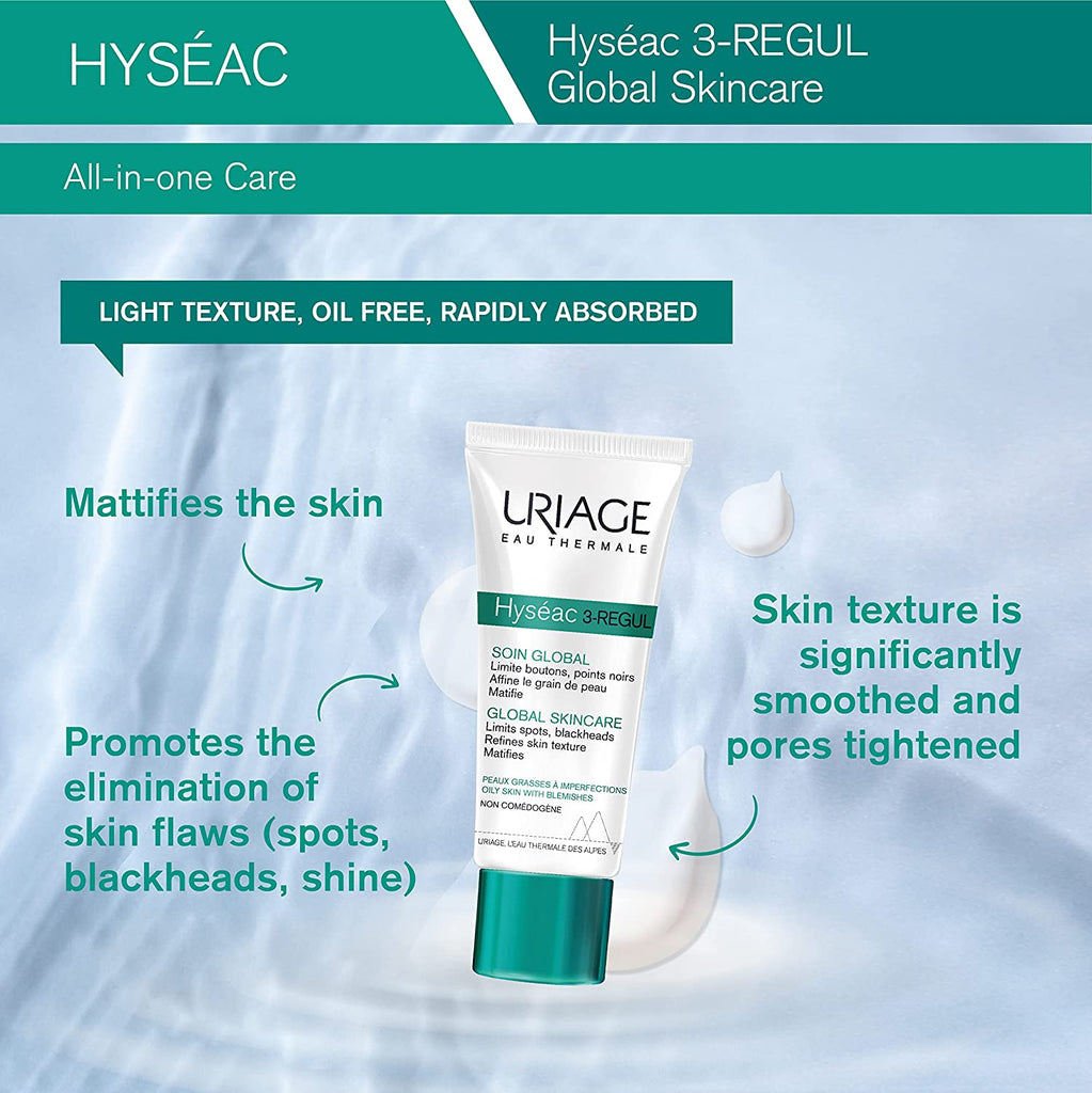 URIAGE Hyseac 3-REGUL Global Skincare 1.35 Fl.Oz. | Mattifying Moisturizer & Pore Minimizer for Oily to Combination Skin Prone to Acne | Promotes the Elimination of Spots, Blackheads & Shine - Free & Fast Delivery
