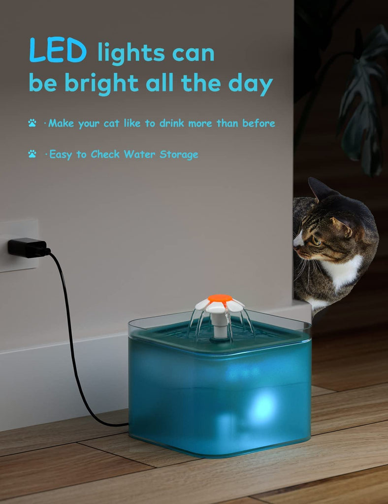 AONBOY Cat Water Fountain, Ultra Silent Cat Fountain 67Oz/2L, with LED Light, Activated Carbon Filter, Pet Water Fountain for Small Dogs