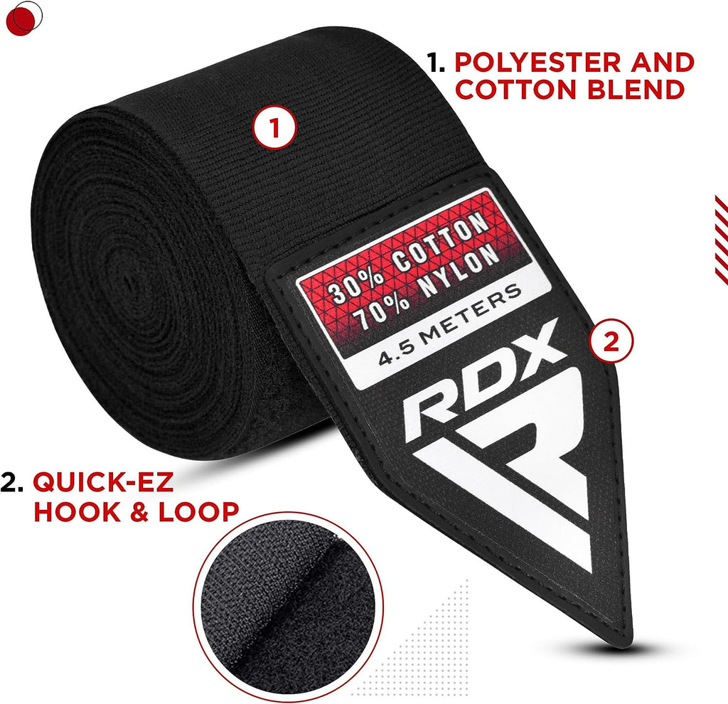 RDX Boxing Hand Wraps Inner Gloves, 180 Inch 4.5M Elasticated Thumb Loop Bandages, Mexican Style under Mitts Wrist Wrap Protection Muay Thai MMA Kickboxing Martial Arts Punching Bag Training Men Women