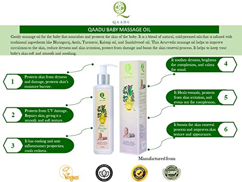 QAADU Ayurvedic Soothing Baby Massage Oil, Turmeric & Shea Butter Extracts, Mild & Gentle on All Skin Types, No Harmful Chemicals, Jojoba Oil, Almond Oil, Sandalwood Oil, Coconut Oil, Keep baby Skin Soft 200 ML