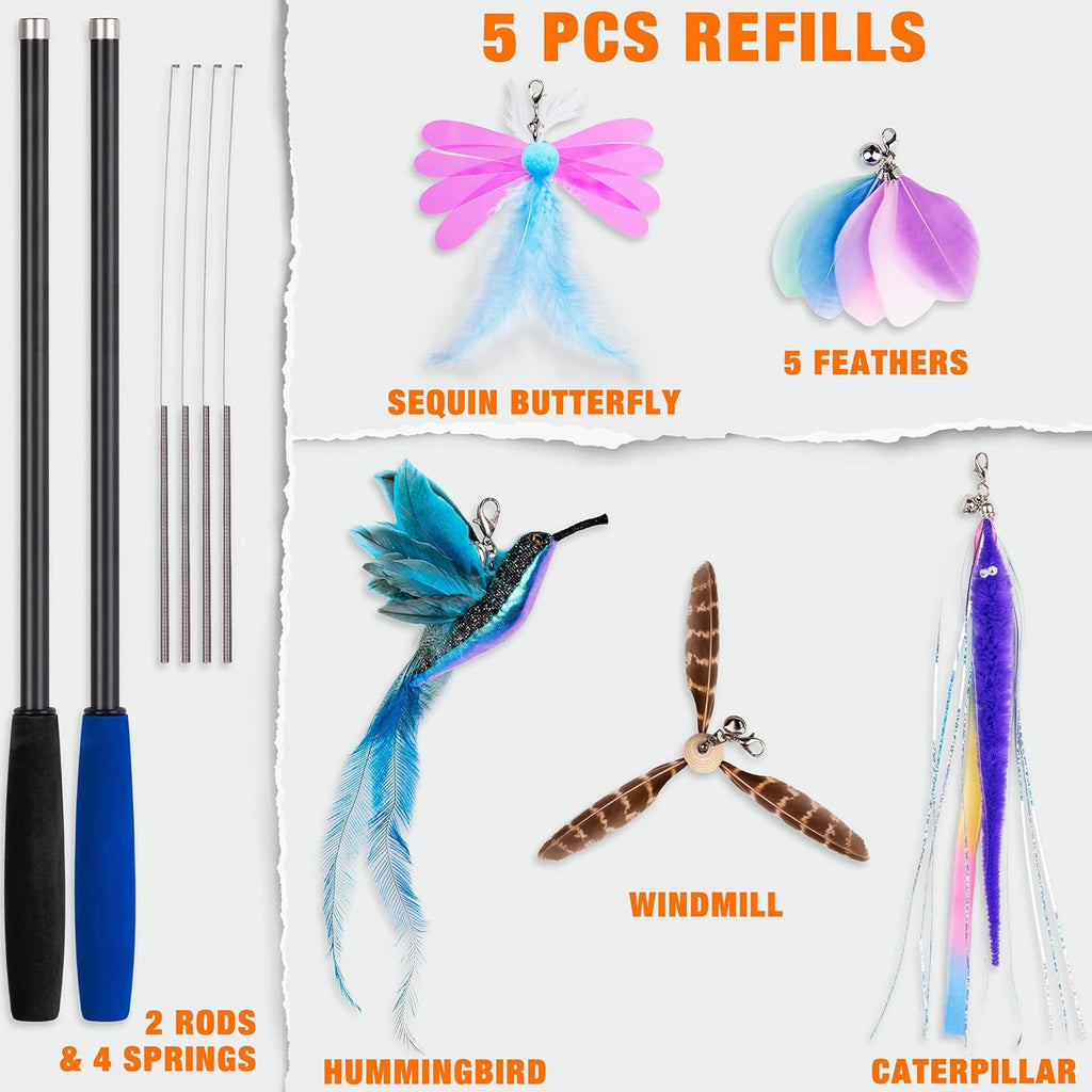 JXFUKAL 2023 Latest Cat Toys, 2 in 1 Spring Cat Wand Toy with 2PCS Ultra-Long Cat Teaser, 4PCS Spring Steel Wire & 5PCS Feather Refills for Kitty Kitten Indoor Cats Cat Accessories