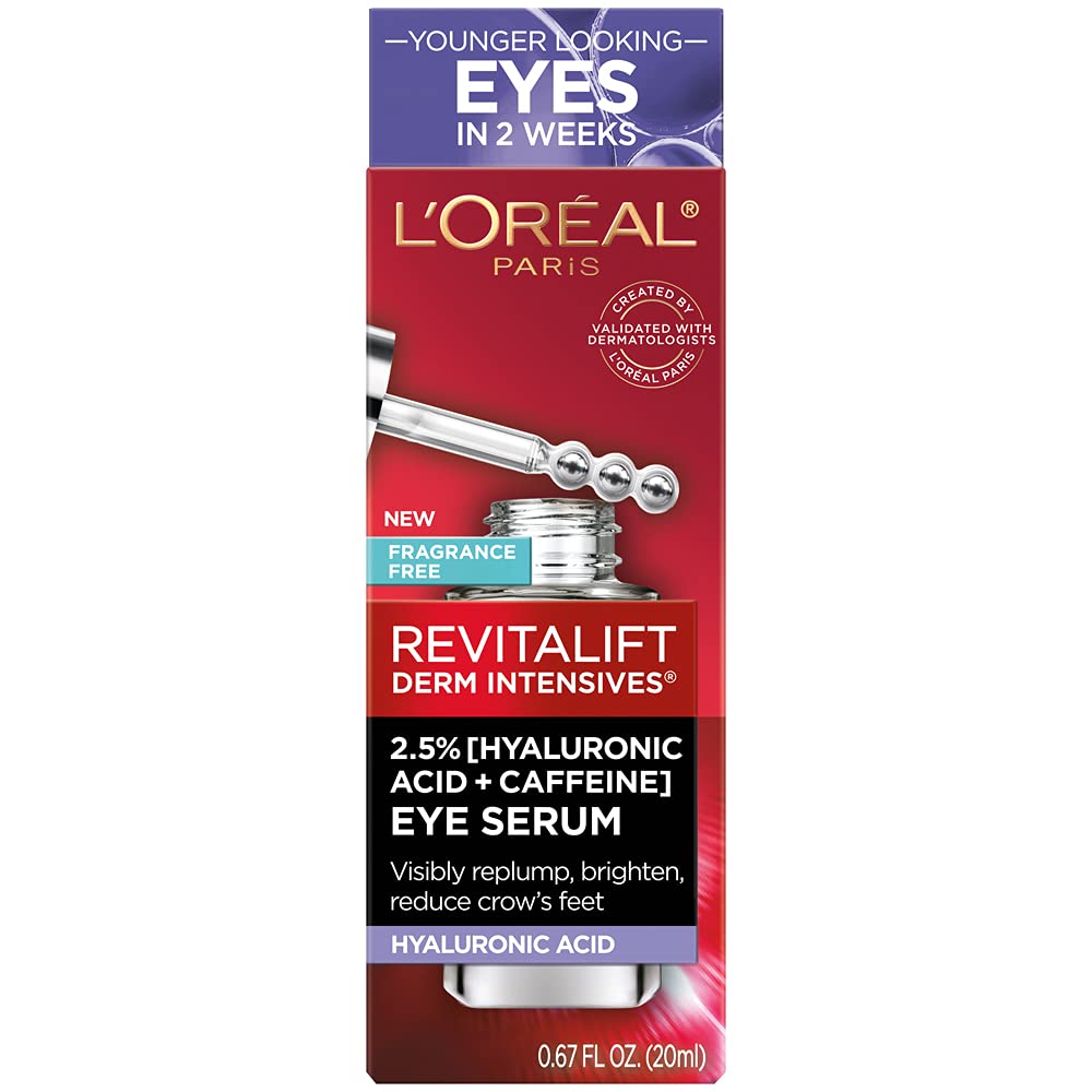 L'Oreal Paris Revitalift Hyaluronic Acid + Caffeine Hydrating Eye Serum, Fragrance Free .67 Fl. Oz + Moisturizer Sample