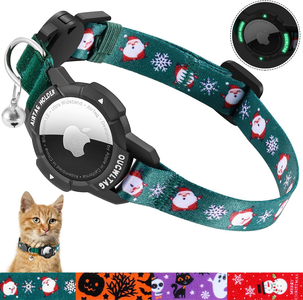 Halloween Airtag Cat Collar Breakaway, OUCWLTAG Integrated GPS Cat Collar with Luminous Apple Air Tag Holder, Cat Tracker Collars with Safety Elastic Band for Girl Boy Cats, Kittens and Puppies