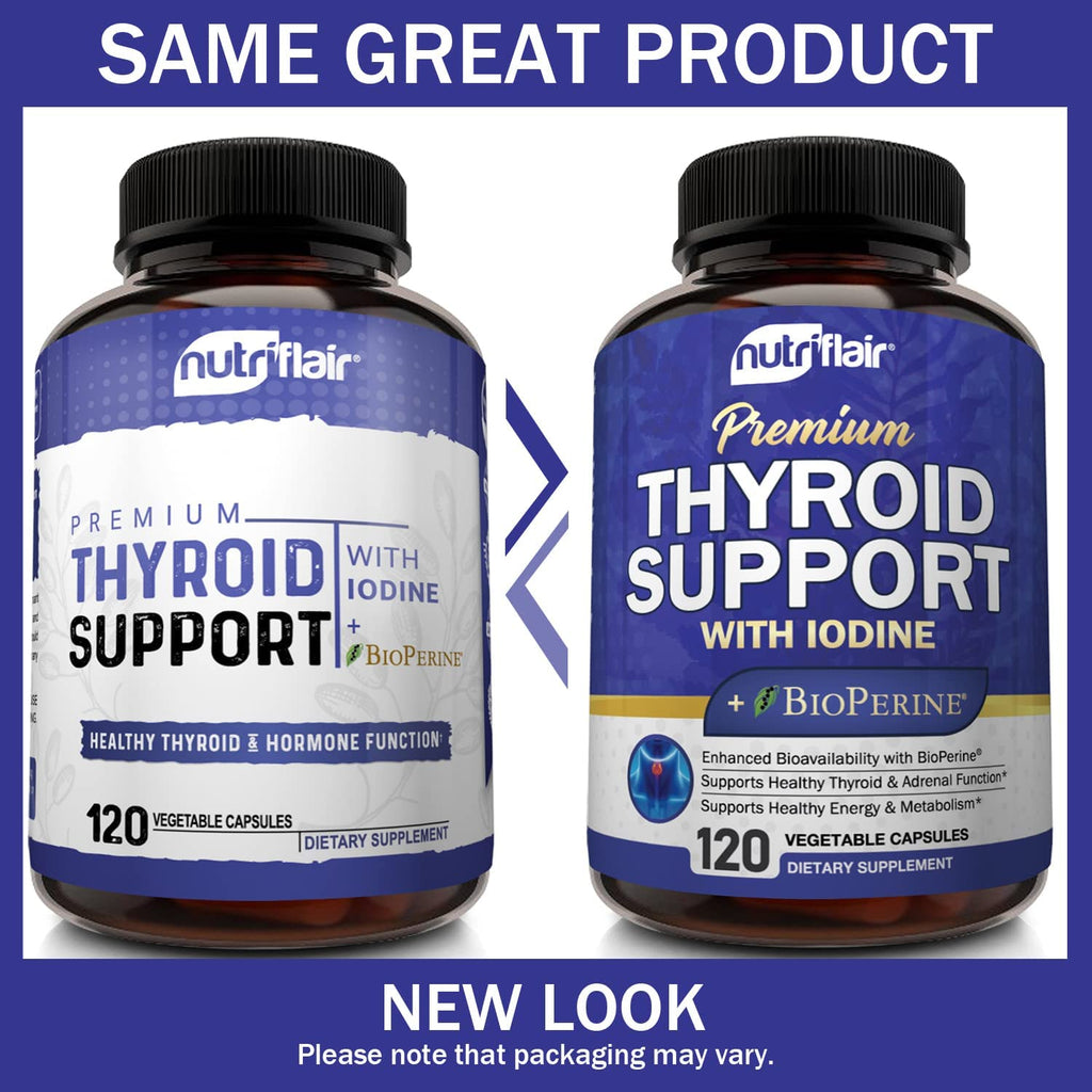 Thyroid Support Complex with Iodine, Black Pepper - 120 Capsules - Energy & Focus Supplement Formula for Women and Men, Boosts Brain Function & Metabolism, Concentration - Pills with B12, Ashwagandha