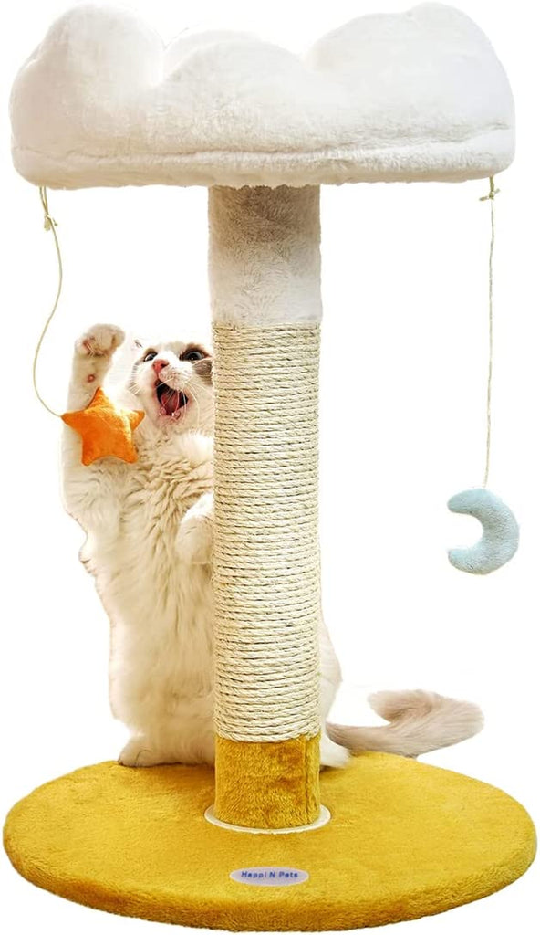 Happi N Pets Cloud Cat Scratching Post with Bed, Cat Tree Tower for Indoor Cats, Nature Sisal Cat Scratcher with Cozy Fluffy Perch for Kitten & Adult Cats, Small Cat Tower with Toys, Stable Cat Stand…