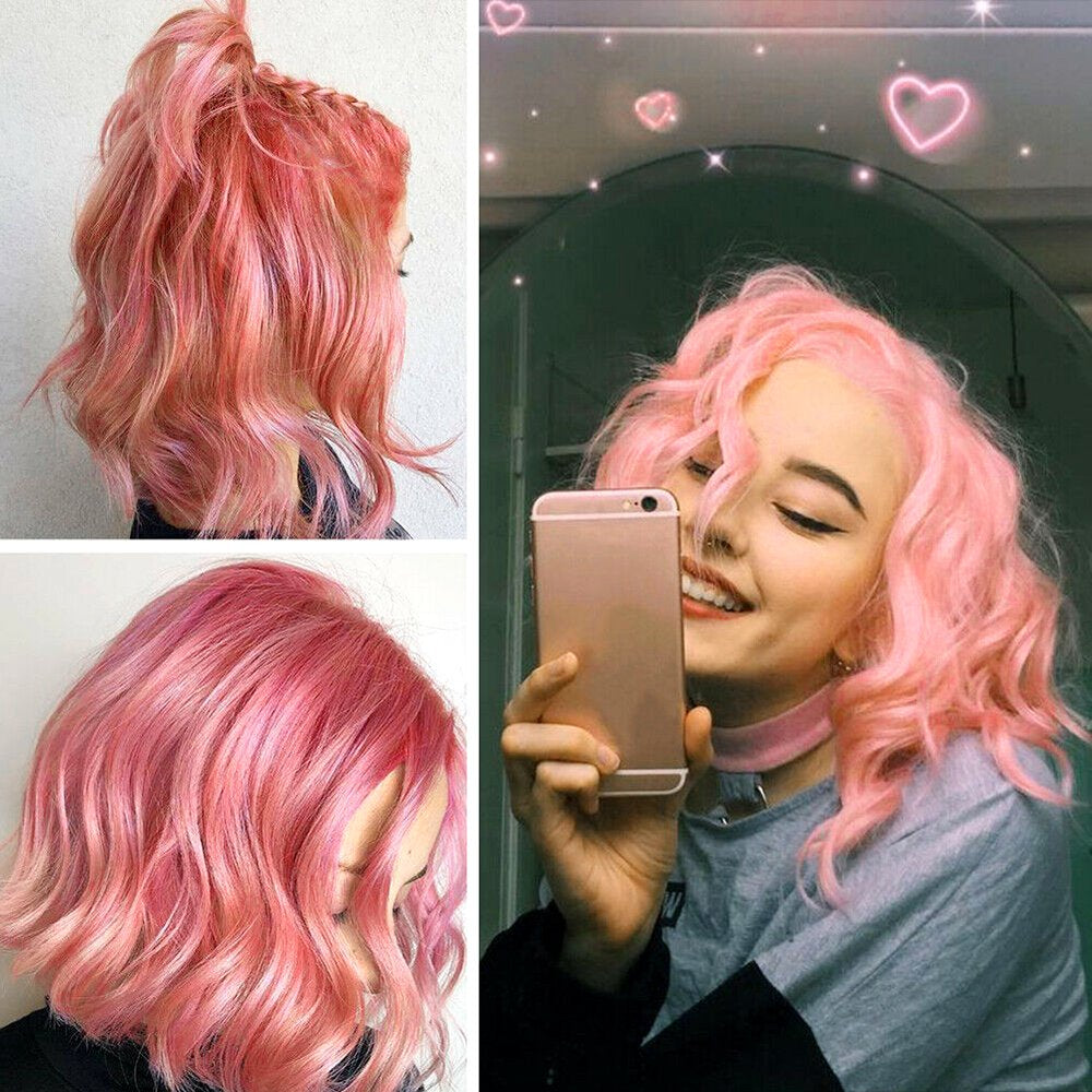 14 Inch Pink Wigs for Women for Women Soft Hair Replacement, Short Curly Women Girls with Bangs and Hairnet