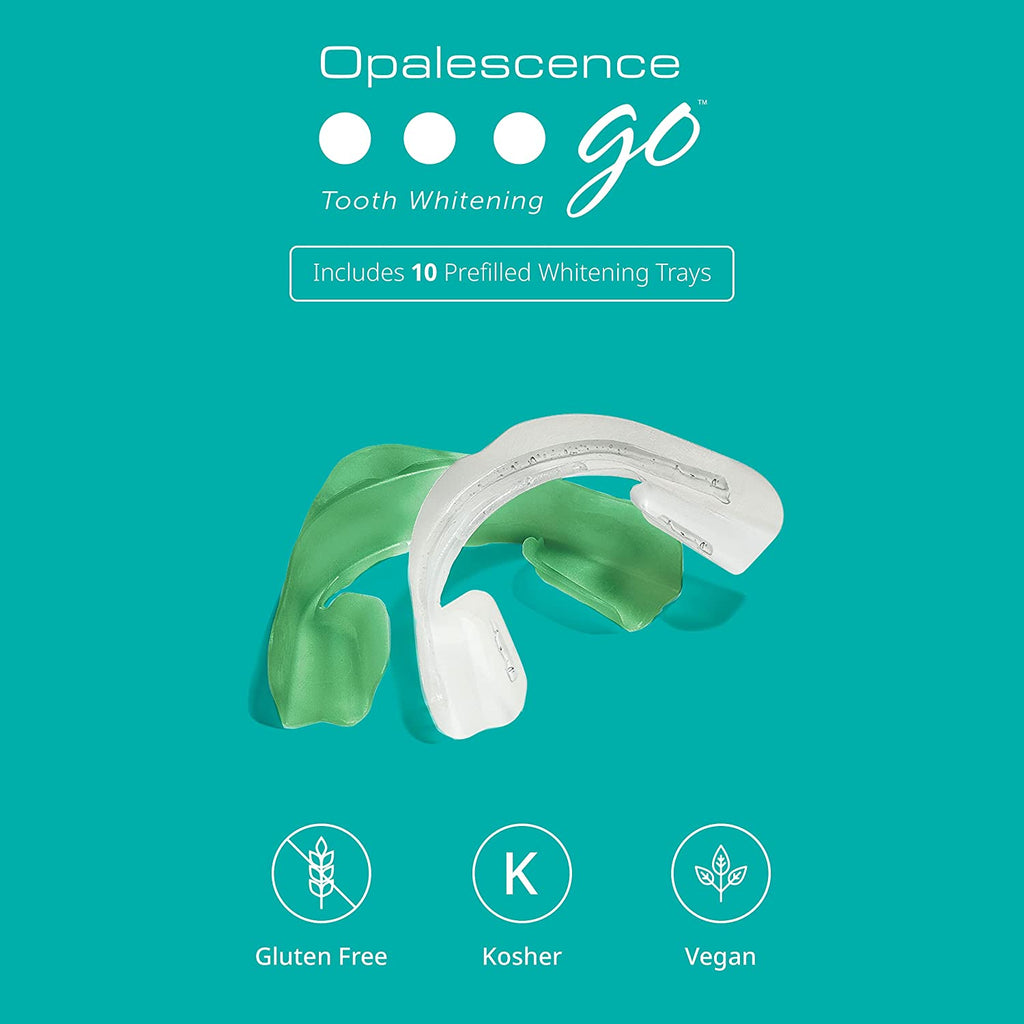 "Opalescence Go: Easy Teeth Whitening with Prefilled Trays - Get a Dazzling Smile with 15% Hydrogen Peroxide and Refreshing Mint Flavor!"