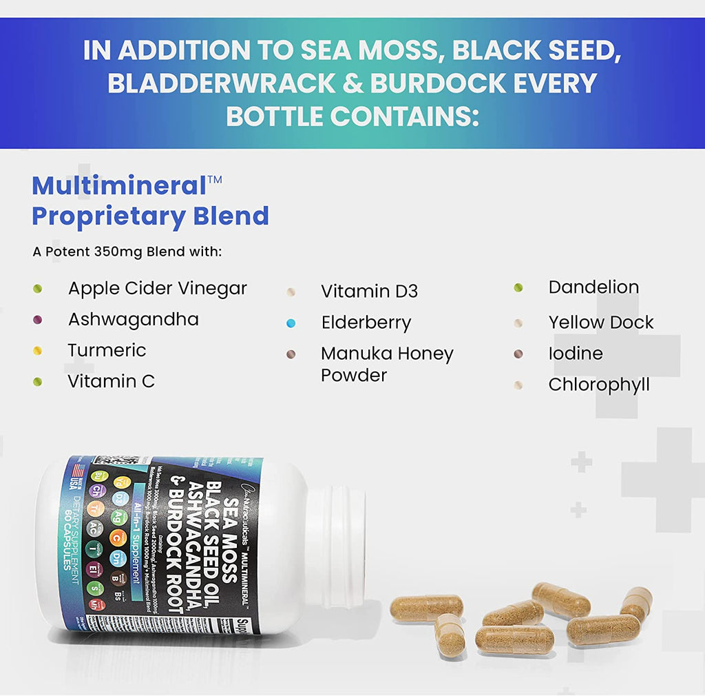 Sea Moss 3000Mg Black Seed Oil 2000Mg Ashwagandha 1000Mg Turmeric 1000Mg Bladderwrack 1000Mg Burdock 1000Mg & Vitamin C Vitamin D3 with Elderberry Manuka Dandelion Yellow Dock Iodine Chlorophyll ACV