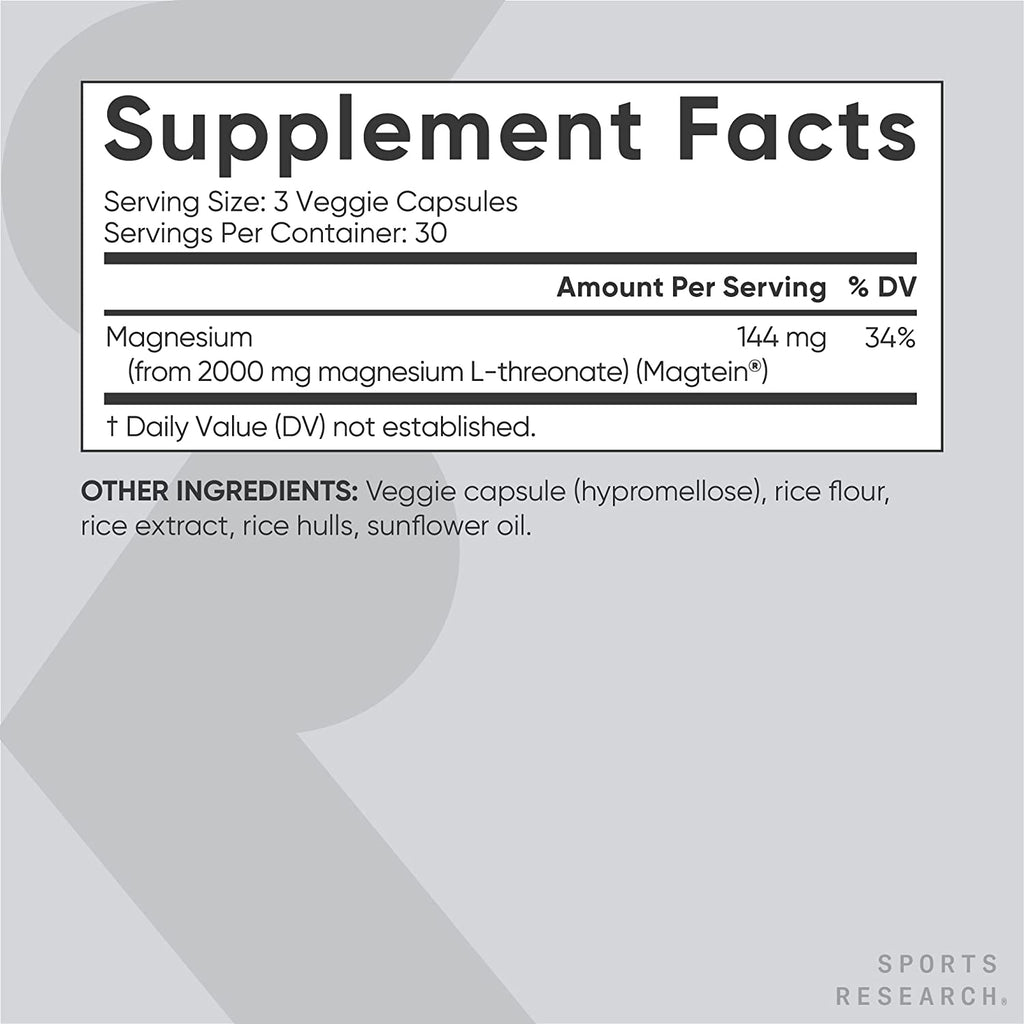 Sports Research Magtein Magnesium L-Threonate Capsules - Magnesium Supplement for Memory, Focus & Cognition - Magnesium L Threonate Supports Brain Health, Sleep & Mood - 2000Mg, 90 Capsules for Adults