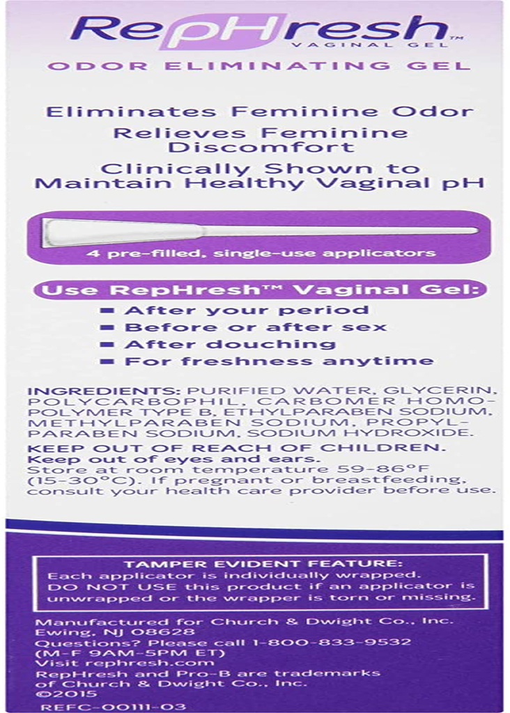 Rephresh Odor Eliminating Vaginal Gel - Ph Balancing Gel 4 Count (0.07Oz)