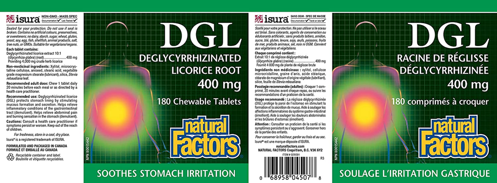 Natural Factors, DGL Licorice Root Extract, Natural Digestive Relief, 180 Tablets