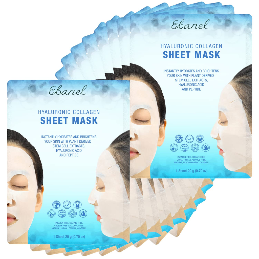 Ebanel 10 Pack Collagen Face Mask, Instant Brightening & Hydrating Face Sheet Mask with Aloe Vera, Hyaluronic Acid, Vitamin C and E, Chamomile, anti Aging Face Mask with Hydrolyzed Collagen, Peptide