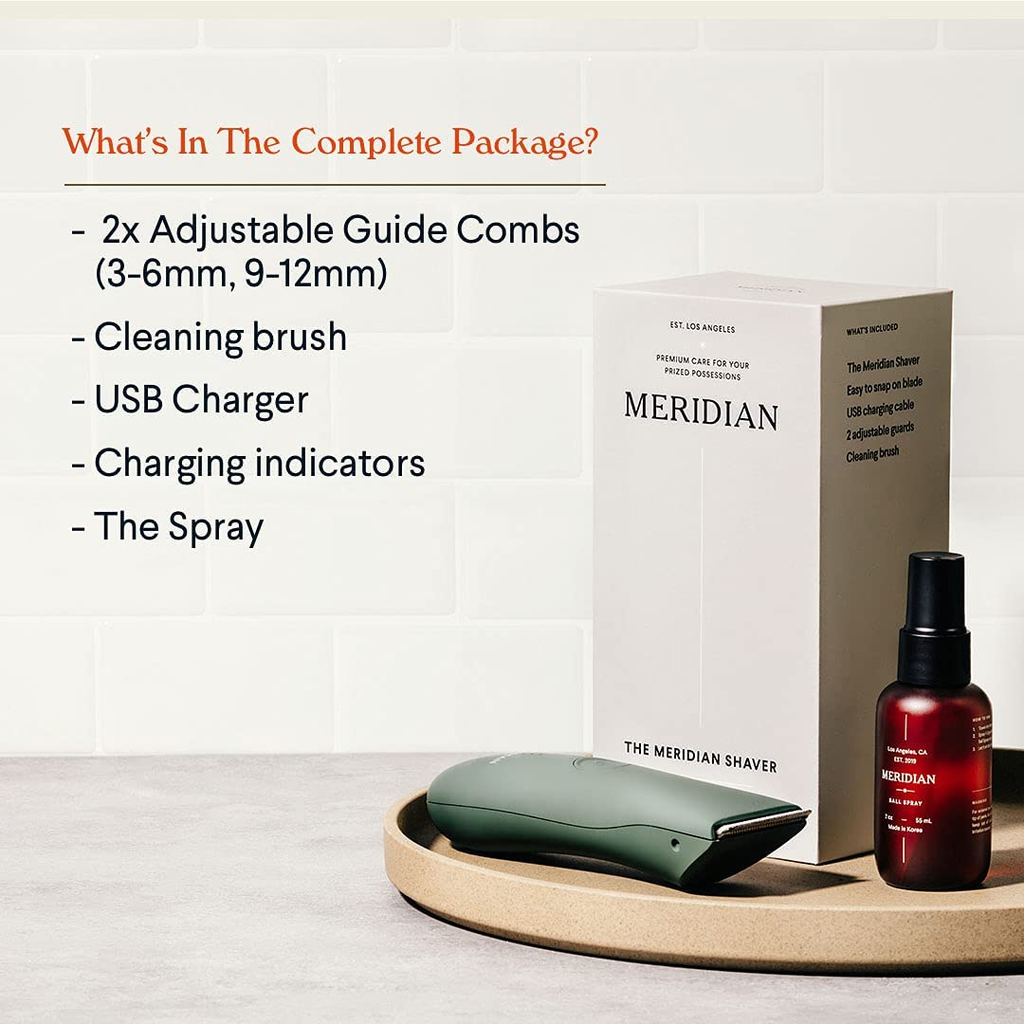 The Complete Package by Meridian: Includes Men’S Waterproof Electric Below-The-Belt Trimmer and the Spray (50 Ml) | Features Ceramic Blades and Sensitive Shave Tech (Sage)
