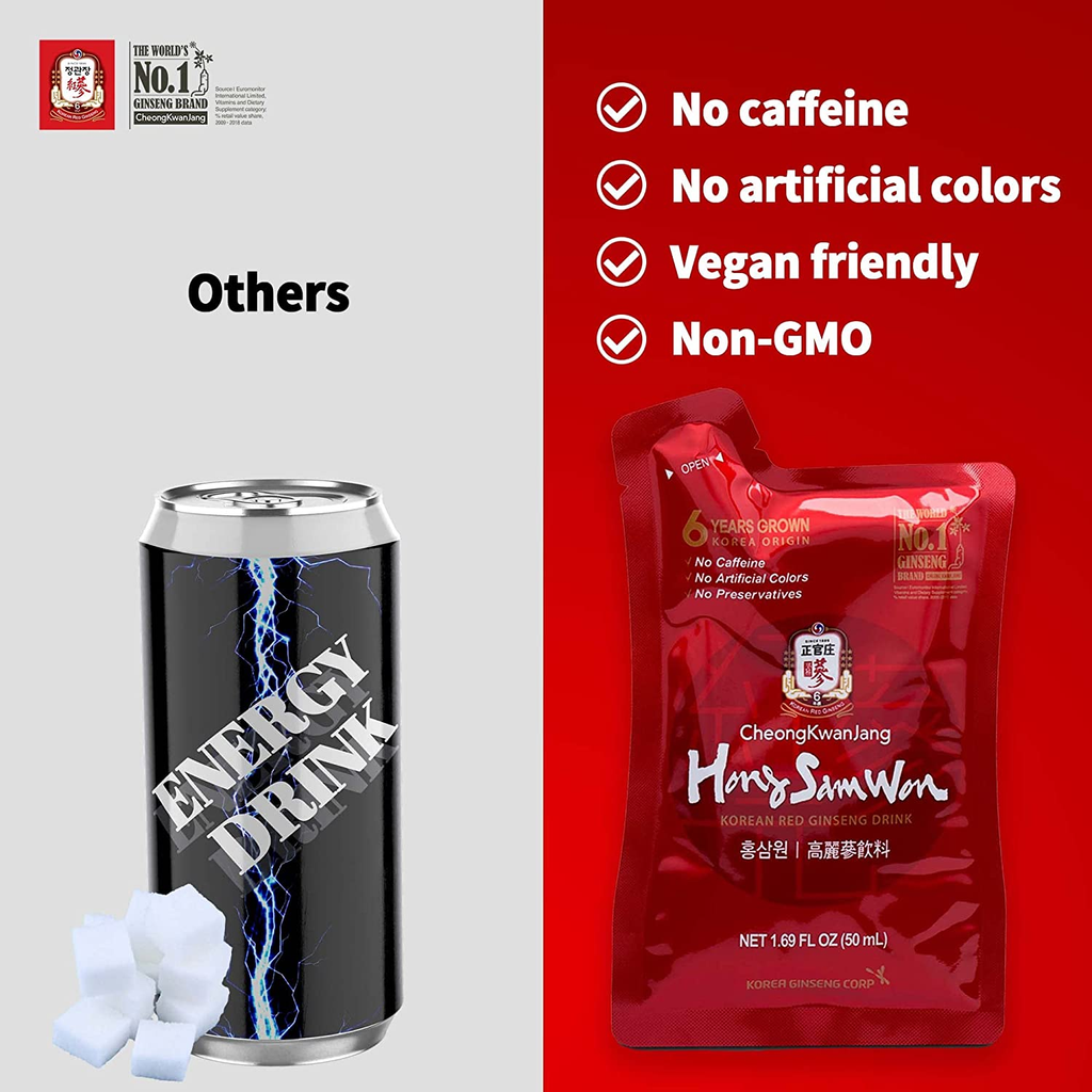 [Hong Sam Won - Energizing Wellness Drinks with Natural Korean Ginseng] Caffeine-Free, Healthy Energy Supplement, Performance, Circulations, No Artificial Colors, No Preservatives,