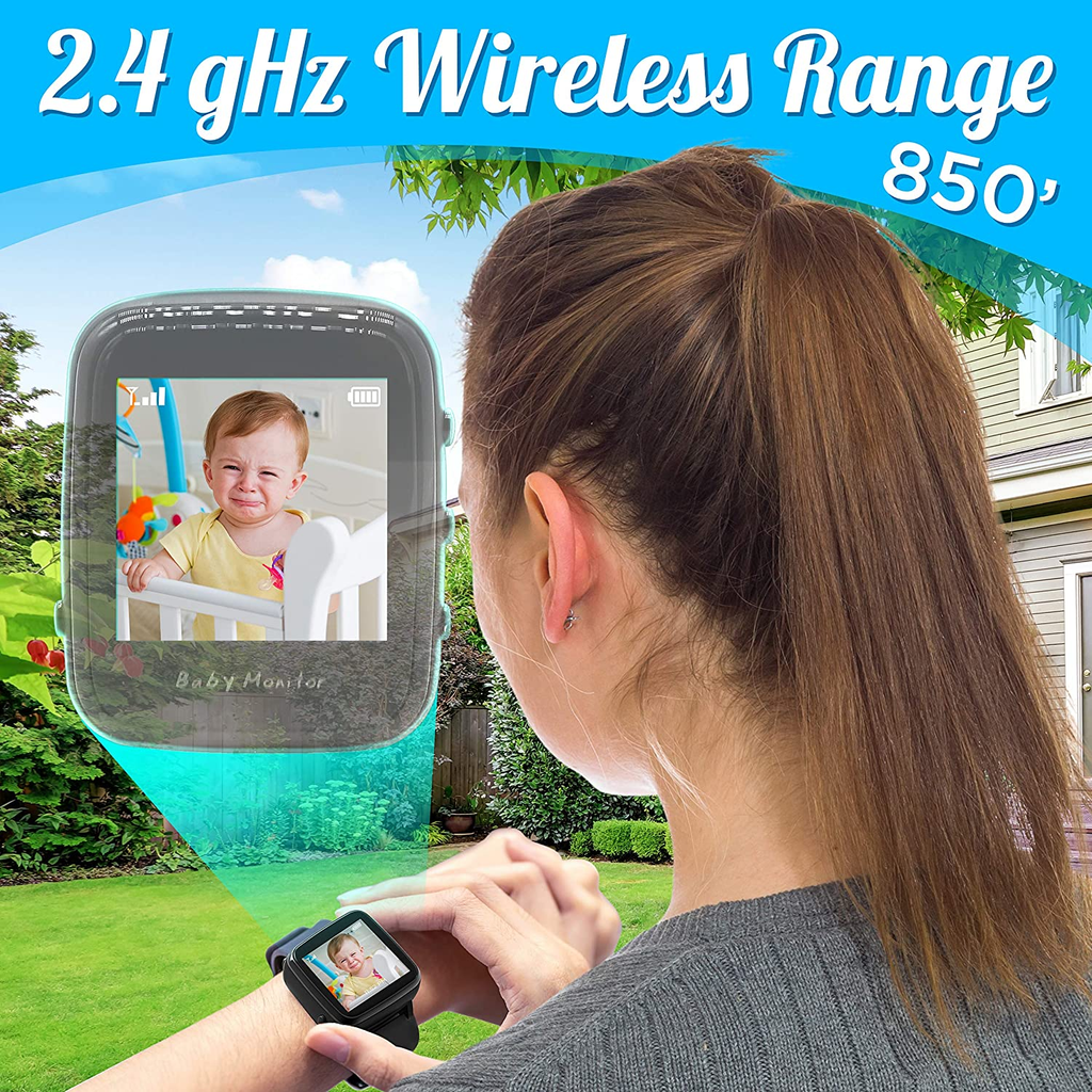 Wireless Baby Camera Monitor System - Long Range Two Way Audio Cam Baby Monitor W/ Smart Watch - Toddler/Infant/Child Cam Video Monitoring W/ Mic/Temperature Sensor/Night Vision - SLBCAM550
