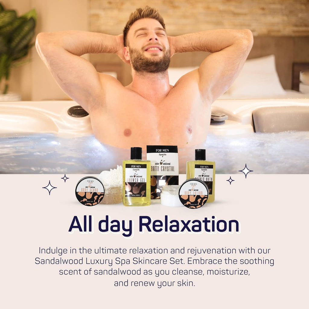 "Spalife Men's Sandalwood Spa Skincare Set - Ultimate Care Kit for Rugged Revitalization and Complete Rejuvenation - Exfoliating Scrub, Bath and Body Collection for Cleansing, Moisturizing, and Unleashing Your Inner Glow"