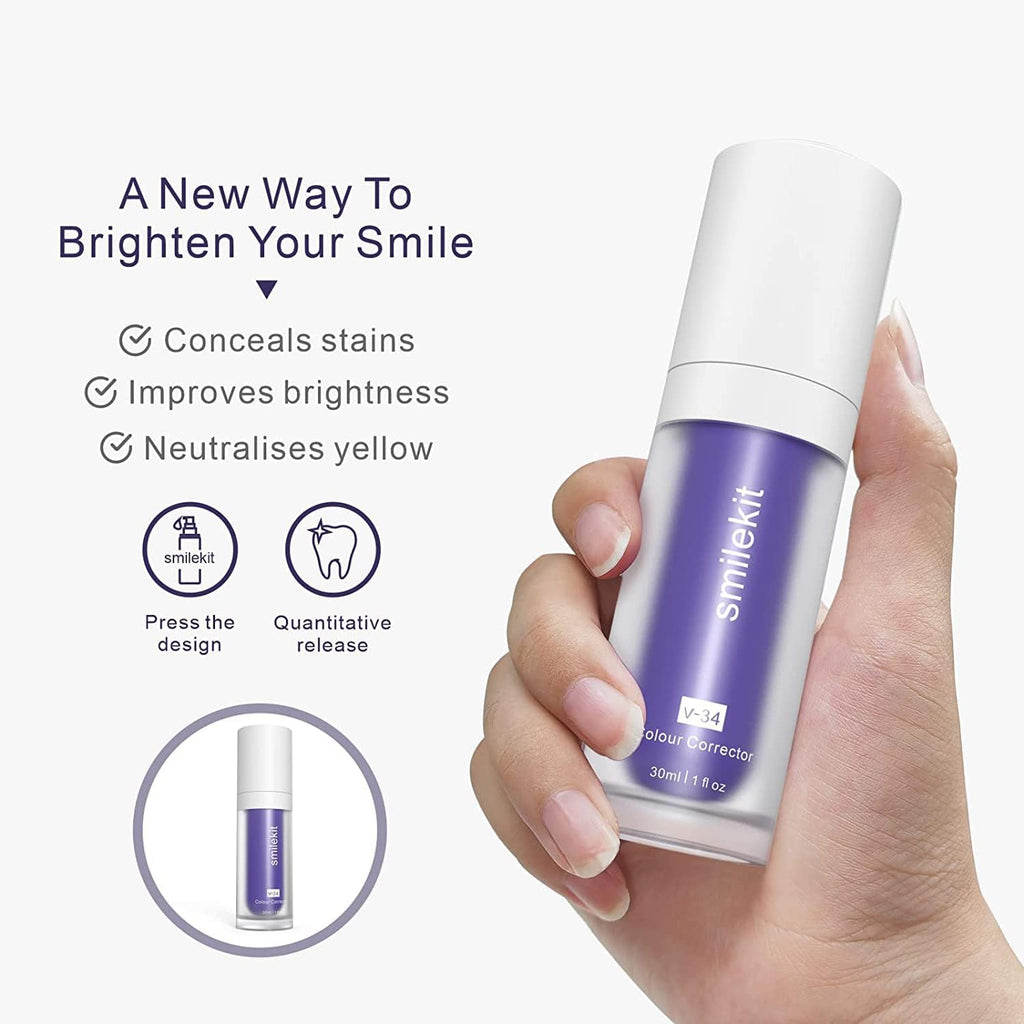 "Introducing the Ultimate Purple Teeth Whitening Booster - Say Goodbye to Stains and Yellowing with our Colour Corrector Toothpaste!"