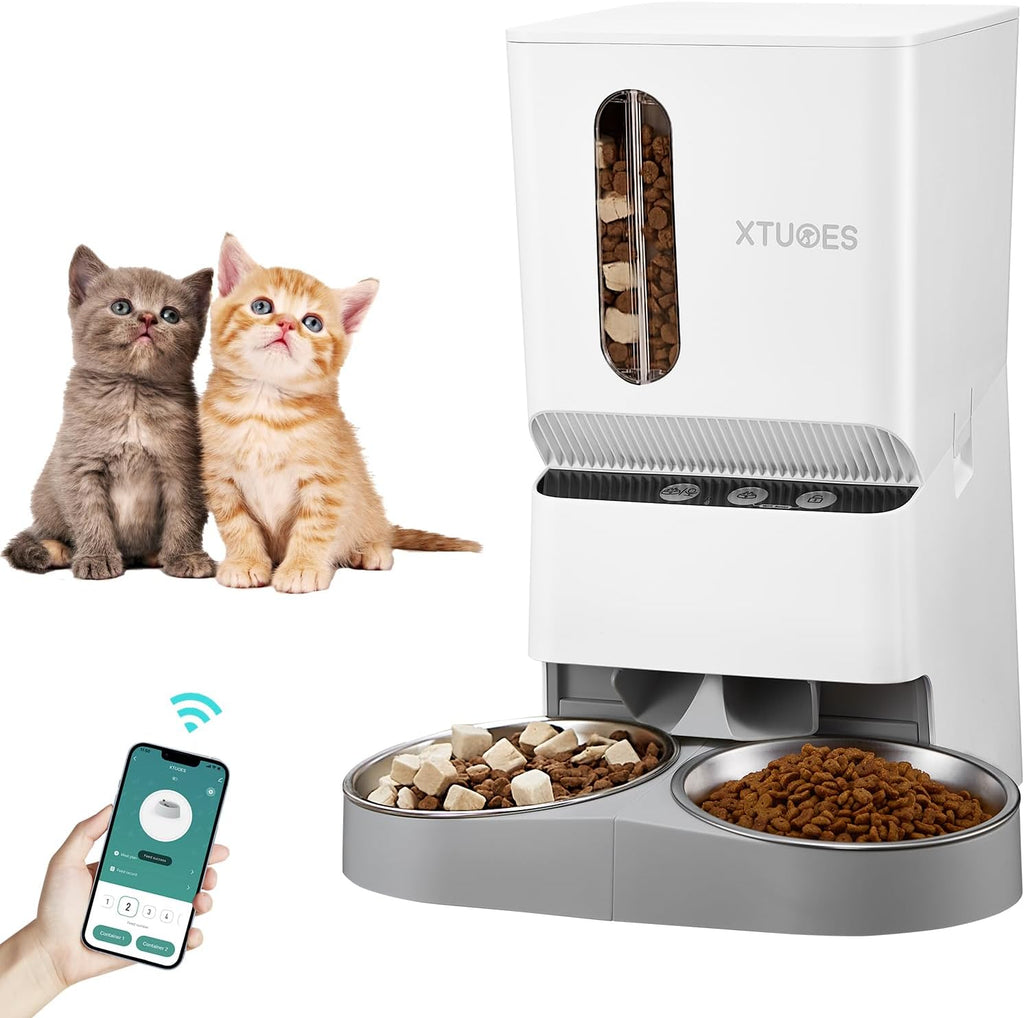 Automatic Cat Feeders,Double Hopper Automatic Cat Food Dispenser with Freshness Preservation,Timed Cat Feeders for Dry Food,Cat Feeder 2.4G Wi-Fi Enabled App Control Stainless Steel Bowl for Cats Dogs