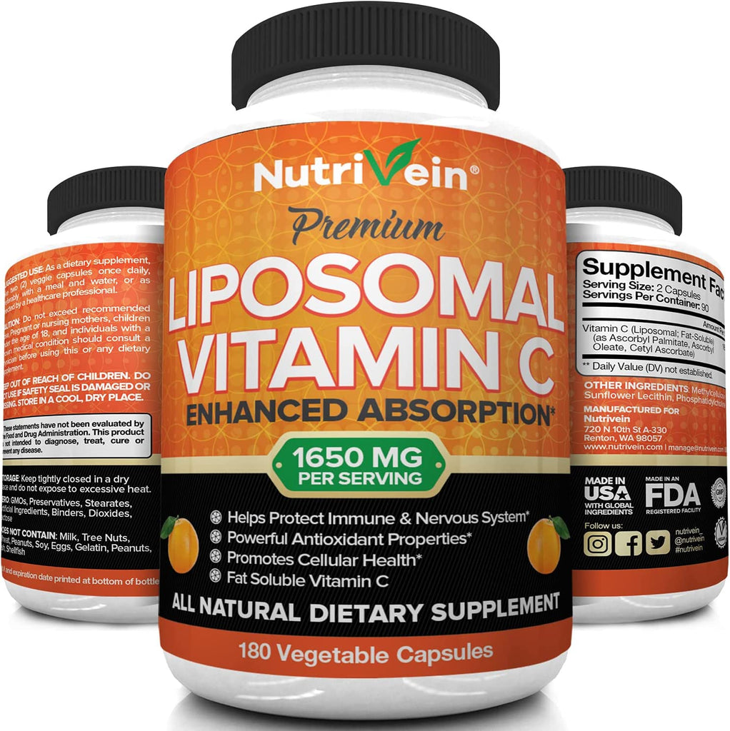 Nutrivein Liposomal Vitamin C 1650Mg - 180 Capsules - High Absorption Ascorbic Acid - Supports Immune System & Collagen Booster - Powerful Antioxidant