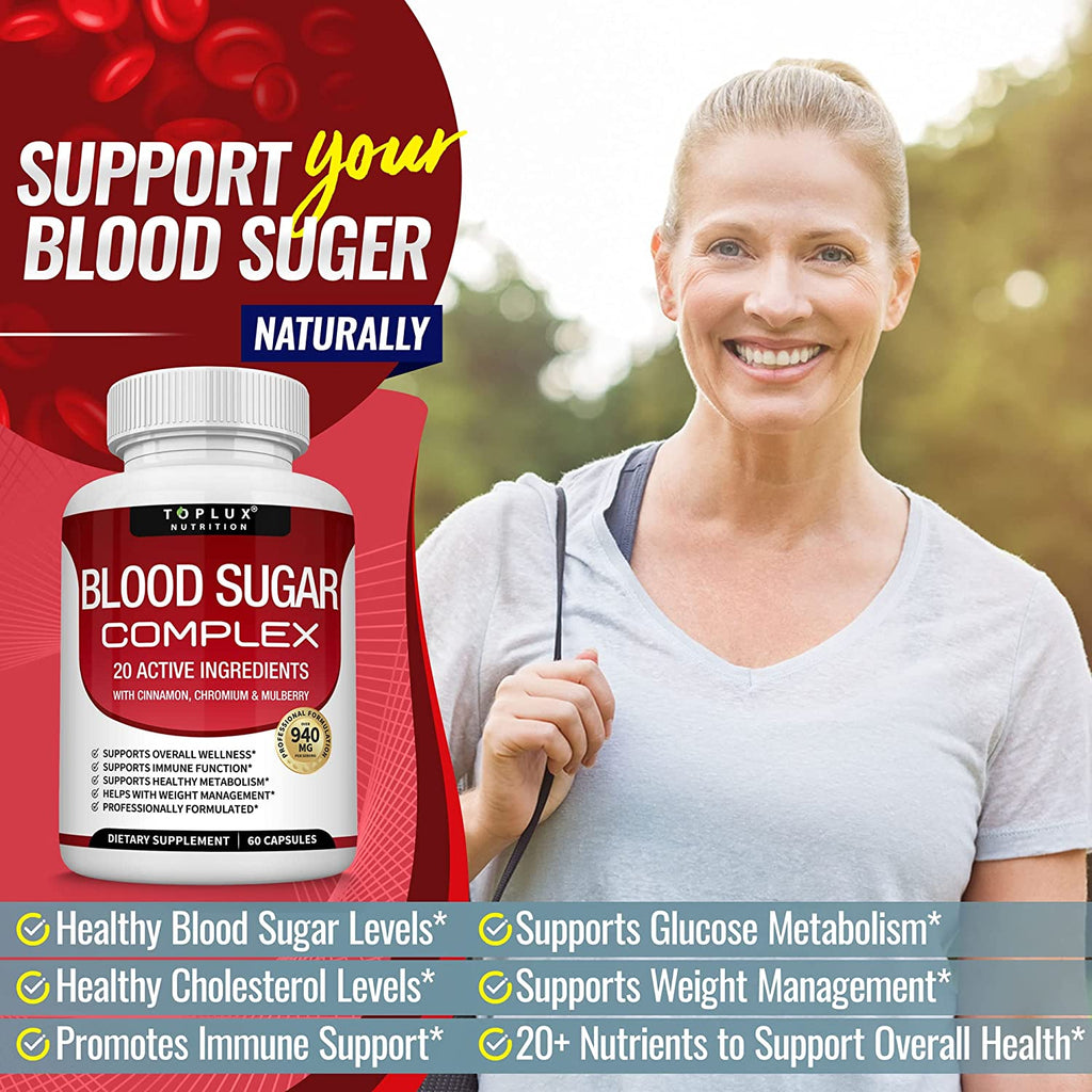 Blood Sugar Complex Supplement – Natural 20 Herbs and Vitamins with Cinnamon, Alpha Lipoic Acid to Support Health, Non-Gmo, for Men Women, 60 Capsules