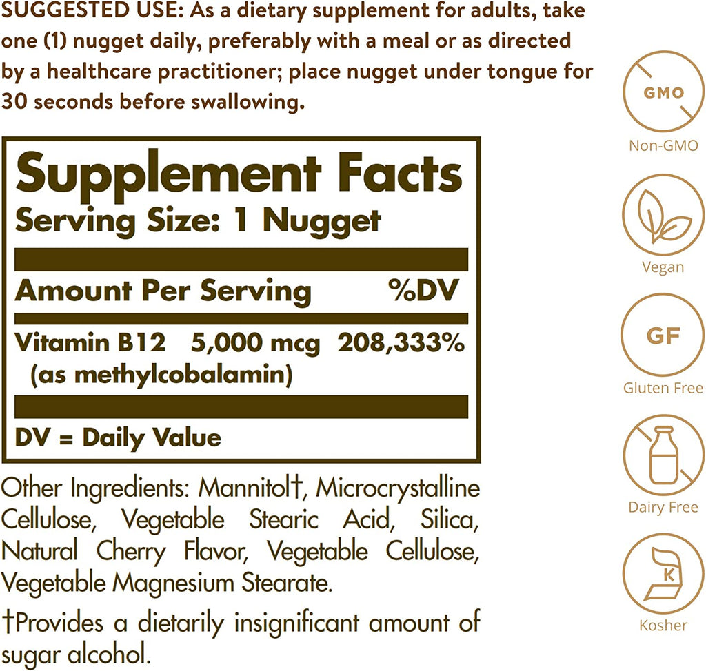 Solgar Methylcobalamin (Vitamin B12) 5000 Mcg, 60 Nuggets - Supports Energy Metabolism - Body-Ready, Active Form of B12 - Vitamin B - Non GMO, Vegan, Gluten, Dairy Free, Kosher - 60 Count(Pack of 1)