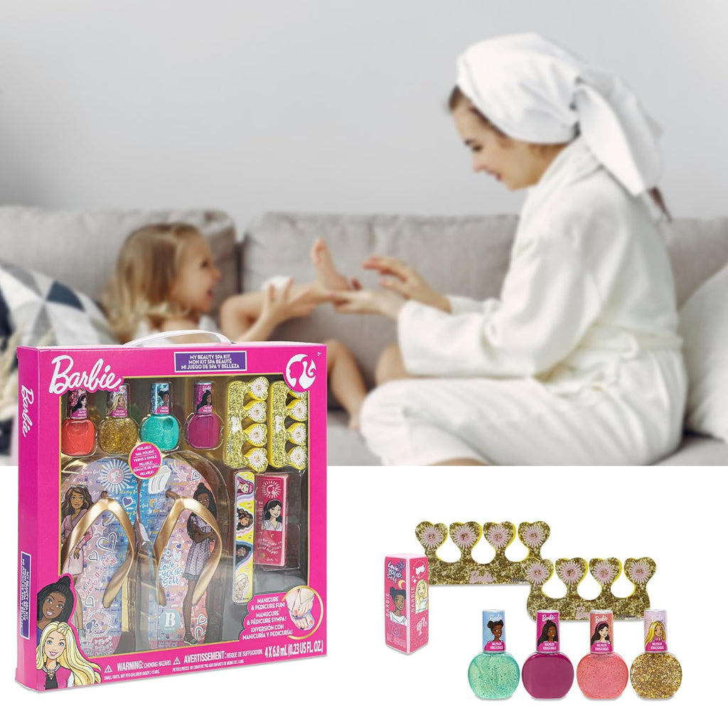 "Barbie Beauty Spa Set: 18-Piece Non-Toxic Peel-Off Nail Polish Kit with Glittery Colors, Nail Accessories, and Spa Sandals - Perfect for Girls Ages 3+!"
