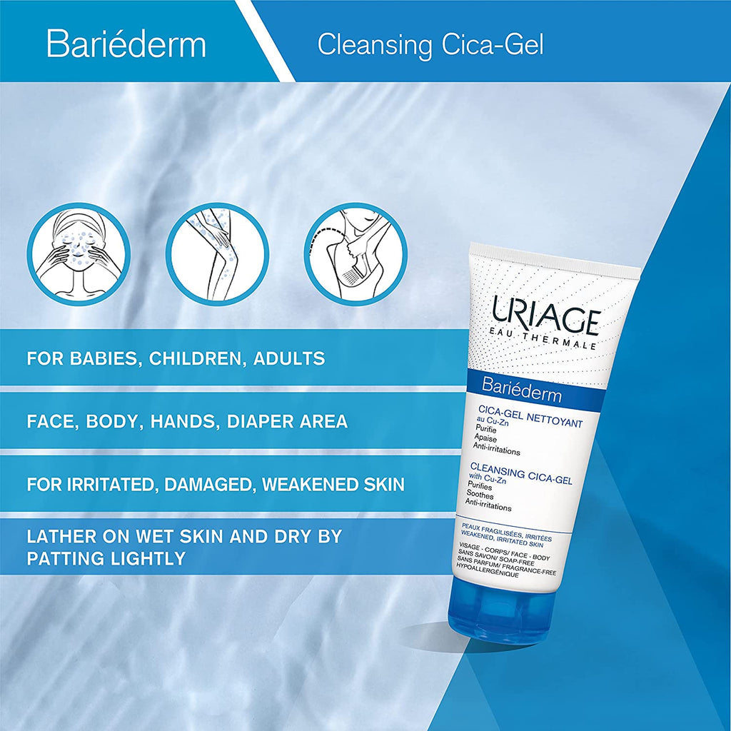 URIAGE Bariederm Cleansing Cica-Gel 6.8 Fl.Oz. | Ultra-Rich, Soothing and Purifying Cleansing Gel for Sensitive and Irritated Skin | High-Tolerance Cleanser for Face and Body - Free & Fast Delivery