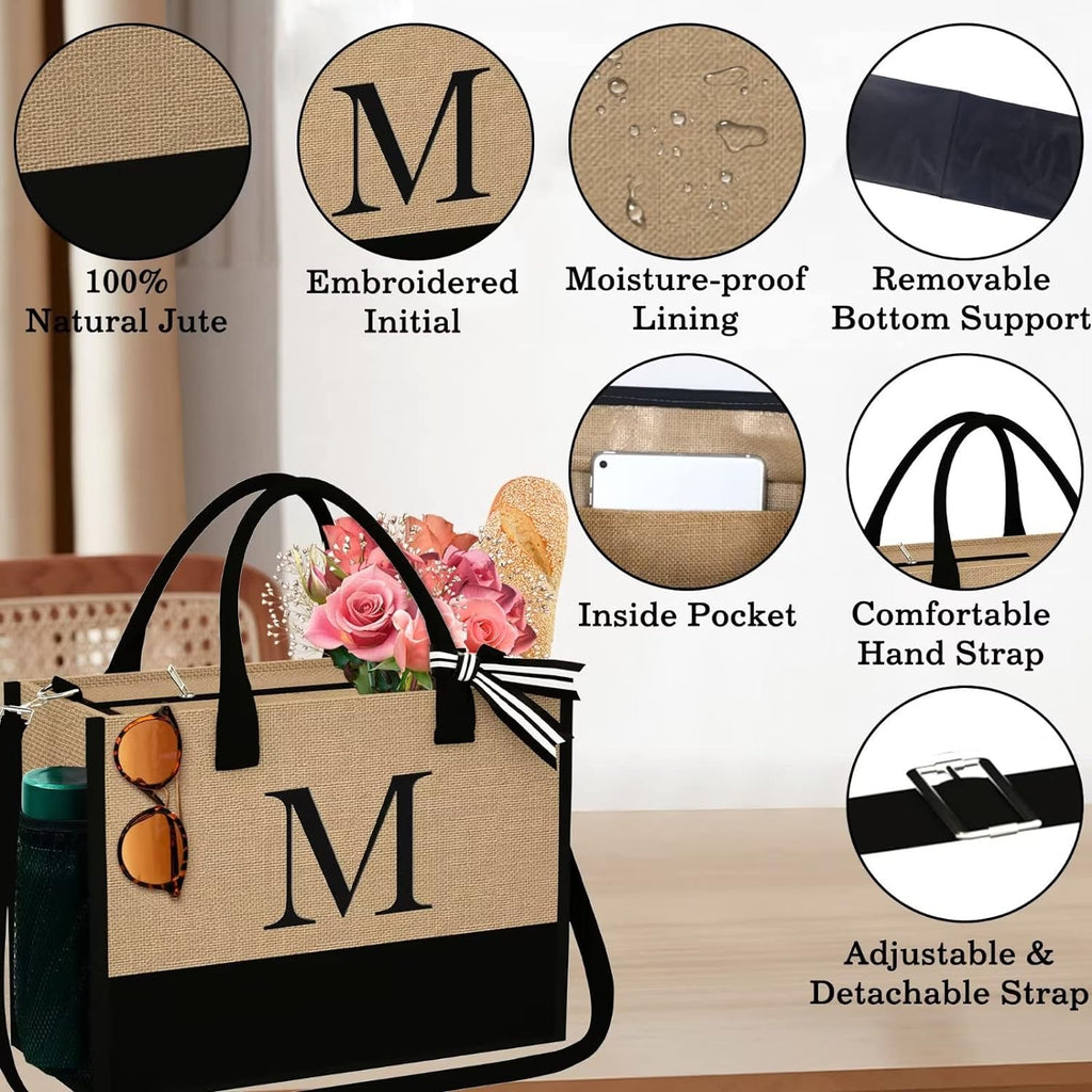 "YOOLIFE Personalized Initial Jute Tote Bag & Makeup Bag Set - Stylish Christmas Gifts for Women with Adjustable Strap - Perfect Birthday Surprise!"