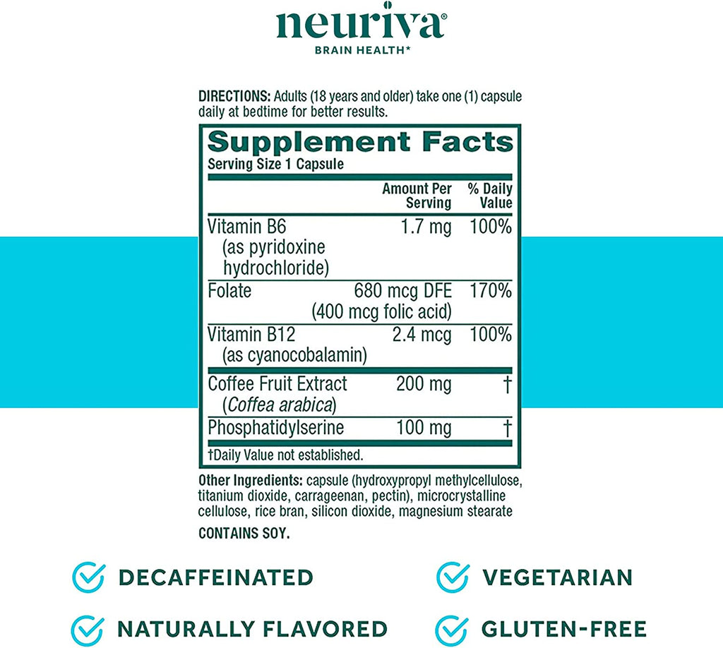 NEURIVA plus Brain Supplement for Memory, Focus & Concentration + Cognitive Function with Vitamins B6 & B12 and Clinically Tested Nootropics Phosphatidylserine and Neurofactor, 30Ct Capsules