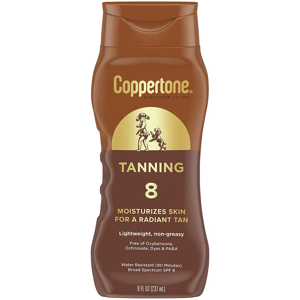 Coppertone Tanning Sunscreen Lotion, Water Resistant Body Sunscreen SPF 8, Broad Spectrum SPF 8 Sunscreen Pack, 8 Fl Oz Bottle, Pack of 2