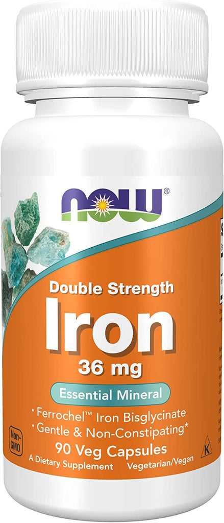 NOW Supplements, Iron 36 Mg, Double Strength, Non-Constipating*, Essential Mineral, 90 Veg Capsules