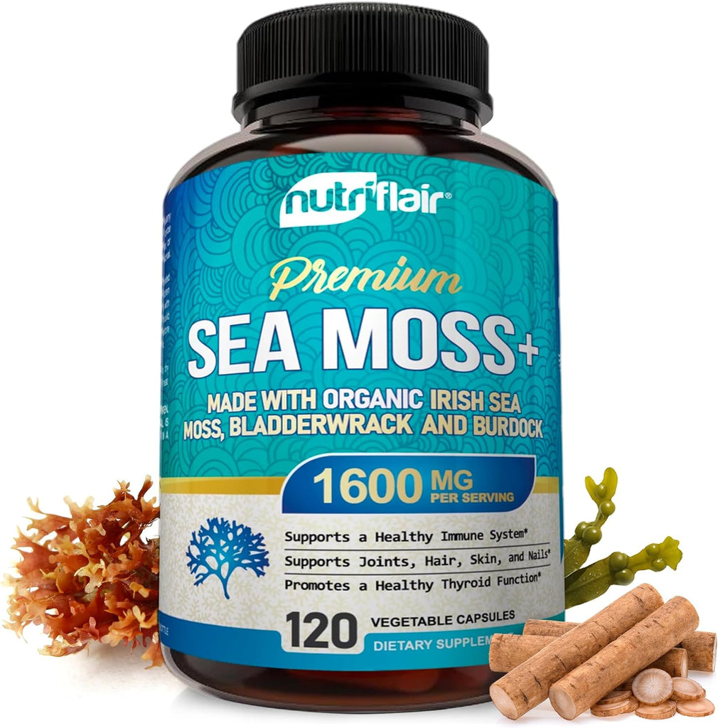 Nutriflair Organic Irish Sea Moss 1600Mg, 120 Capsules plus Bladderwrack & Burdock - Prebiotic Super Food - Immune System & Digestive Health - Thyroid, Healthy Skin, Keto Detox, Gut, Joint Support